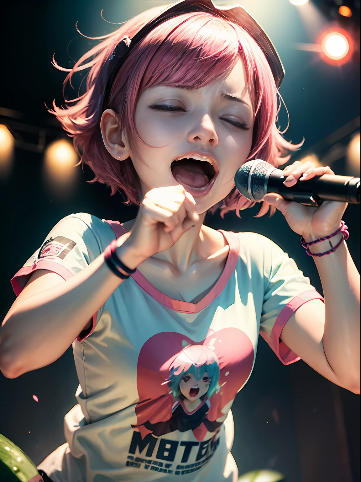 {{{Masterpiece}}}, {{{Best quality}}}, {{Ultra-detailed}}, {illustration}, {{An extremely delicate and beautiful}},(nsf), (Best quality, 8K, 32K, Masterpiece, hyper HD:1.2),Beautiful photo of Japanese idol girl, Top quality, Best quality, Realistic, Unity, 8K wallpaper, offcial art, extremelydetailedwallpaper,(1girll:1.5),(Smile:1.5),(Idol costume),(Sweaty skin:1.3),17yo,child,Black eyes,(Be in the spotlight:1.1),(Standing microphone:1.9),(Sing:1.7),(Very short Bob hair:1.3),(Green hair:1.3),Earrings,view the viewer,(highdetailskin),Realistic body,(Small breasts:1.4),Cute girl,No makeup, famous japanese idol,(standing),(low view:1.2),(Lift shirts:1.4),(lift skirts:1.2),(showing panties:1.2),(bike shorts:1.2),(No bra:1.3),(Race panties:1.3),(love juice:1.7),(view the viewer:1.1),(Idle phase :1.5),(A lot of customers:1.5