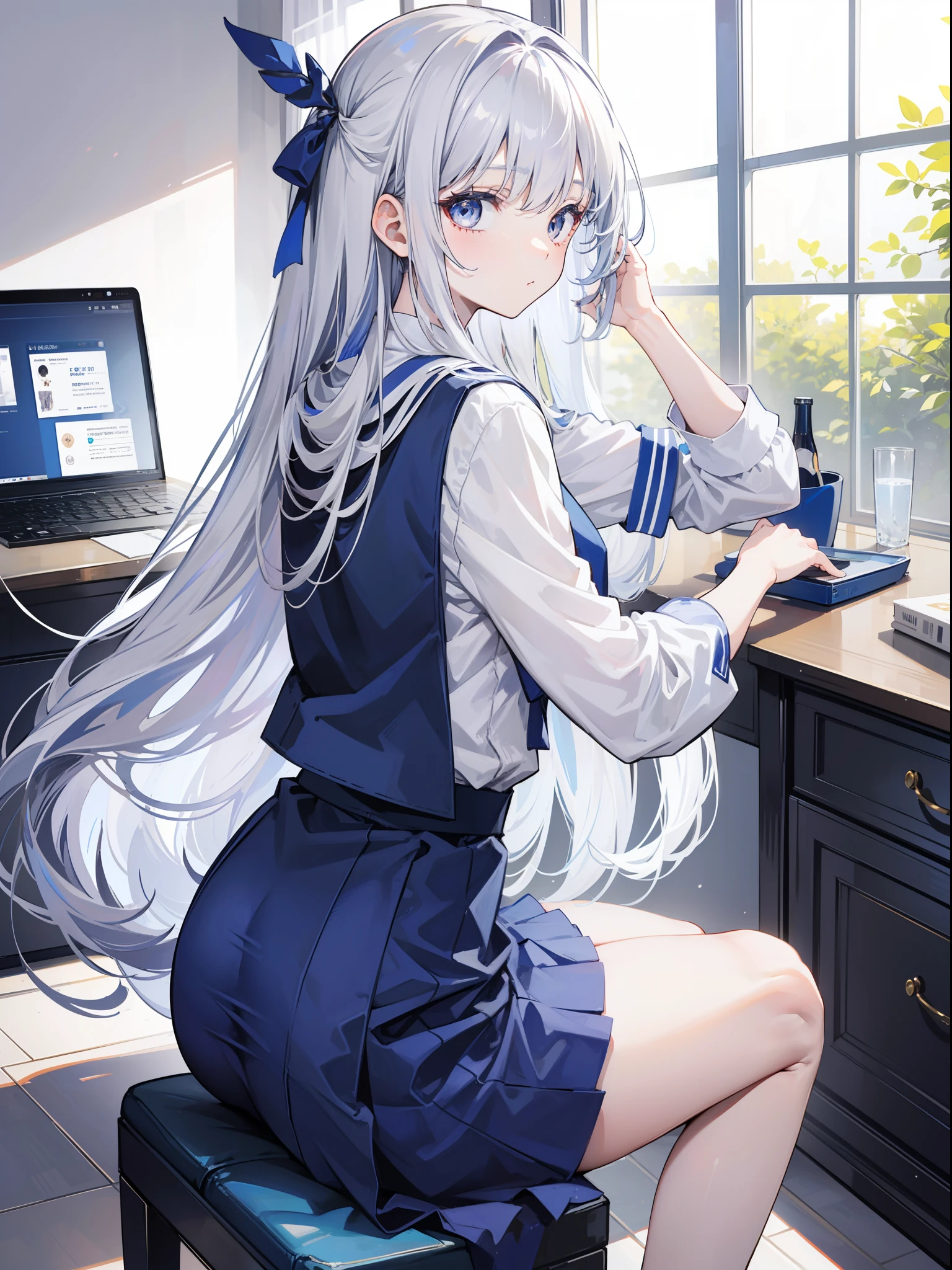 1girl, 164 cm height, tall girl, navy colored hair, very long hair, white silver eyes, blue skirt, high school uniform, blue ribbon, sitting, butt form, back view, no looking, sit on chair, crouching, butt view