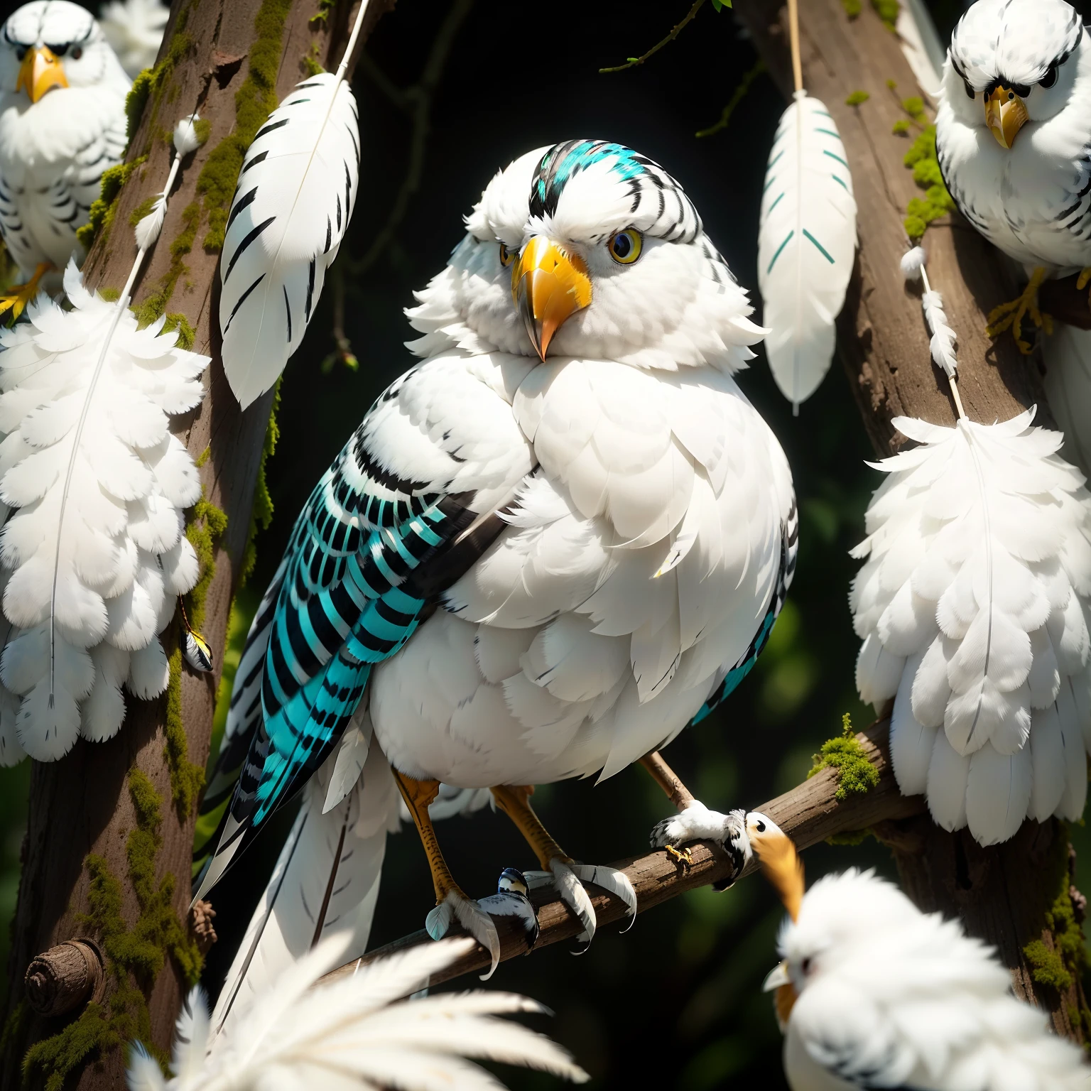 Striped、(Raw photo:1.5)、Little white bird、(high-detail:1.5)、in woods、(Little bird perching on a branch:1.2)、Blind eyes、black eyes、(fluffy plumage:1.8)、(White feathers:1.8)、White body