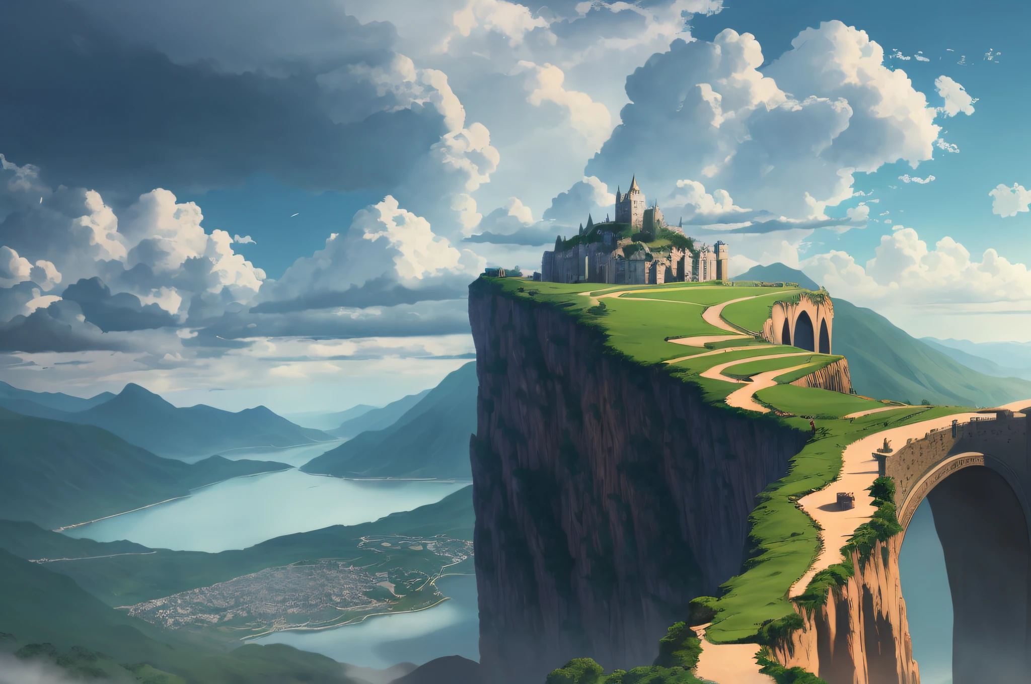 there is a picture of a castle on a cliff with a bridge, illustration matte painting, fantasy matte painting,cute, very detailed digital painting, detailed scenery —width 672, rendered art, flat matte painting, 2. 5 d cgi anime fantasy artwork, flying cloud castle, mountain fortress city, highly detailed digital painting, matte painting in fantasy style