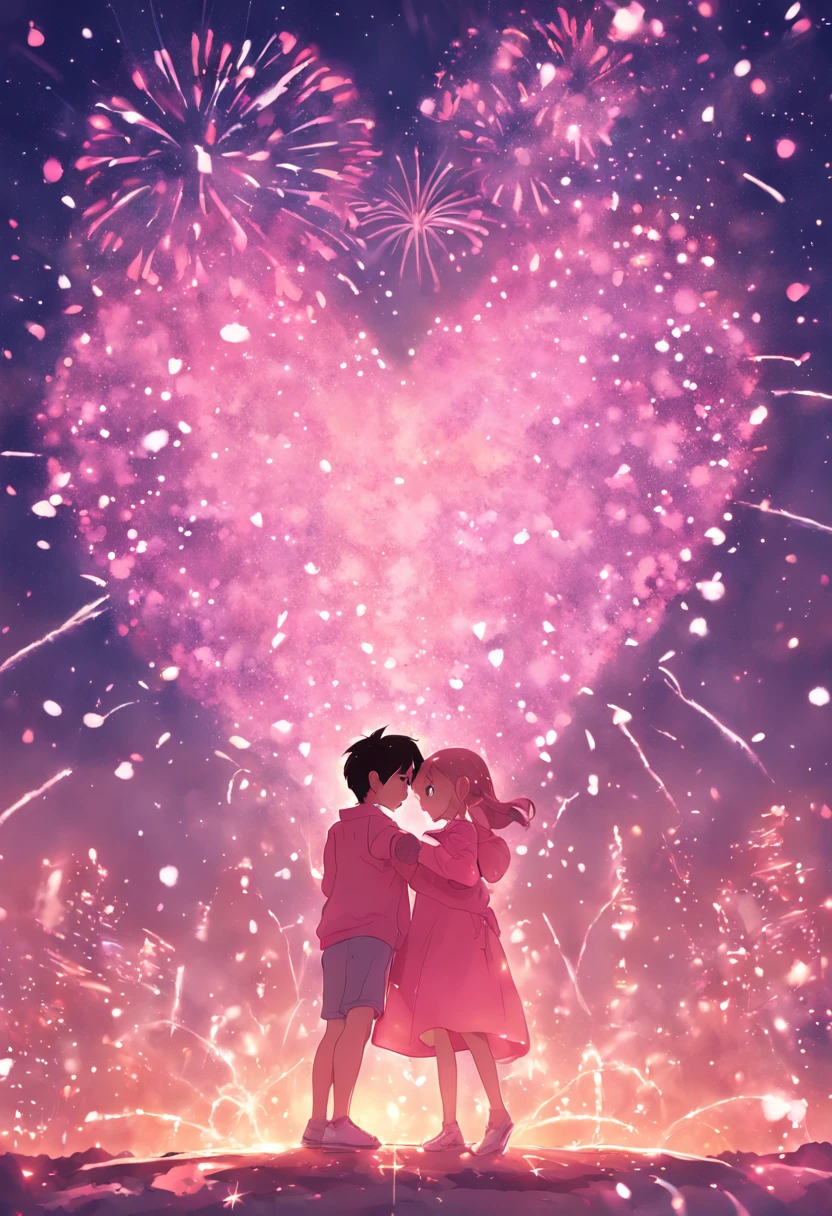 the night,In pink,Fireworks all over the sky,Heart-shaped bubbles, couples,Cartoony,Chubby littl and little boy g each other,Glowing fireflies around,,Cute and cute,KIDS ILLUSTRATION,Glow effects,Dingdall effect,depth of fields,high light,Real light,Ray traching,oc rendered,Hyper-realistic,best qualtiy,8K,Works of masters,super-fine,Detailed pubic hair,Correct anatomy,sharp focus on eyes,Bokeh,Facial features are carefully depicted (( details face)