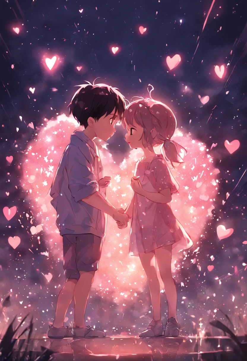 the night,In pink,Fireworks all over the sky,Heart-shaped bubbles,Child couples,Cartoony,Chubby little girl and little boy hugging each other,Glowing fireflies around,,Cute and cute,KIDS ILLUSTRATION,Glow effects,Dingdall effect,depth of fields,high light,Real light,Ray traching,oc rendered,Hyper-realistic,best qualtiy,8K,Works of masters,super-fine,Detailed pubic hair,Correct anatomy,sharp focus on eyes,Bokeh,Facial features are carefully depicted