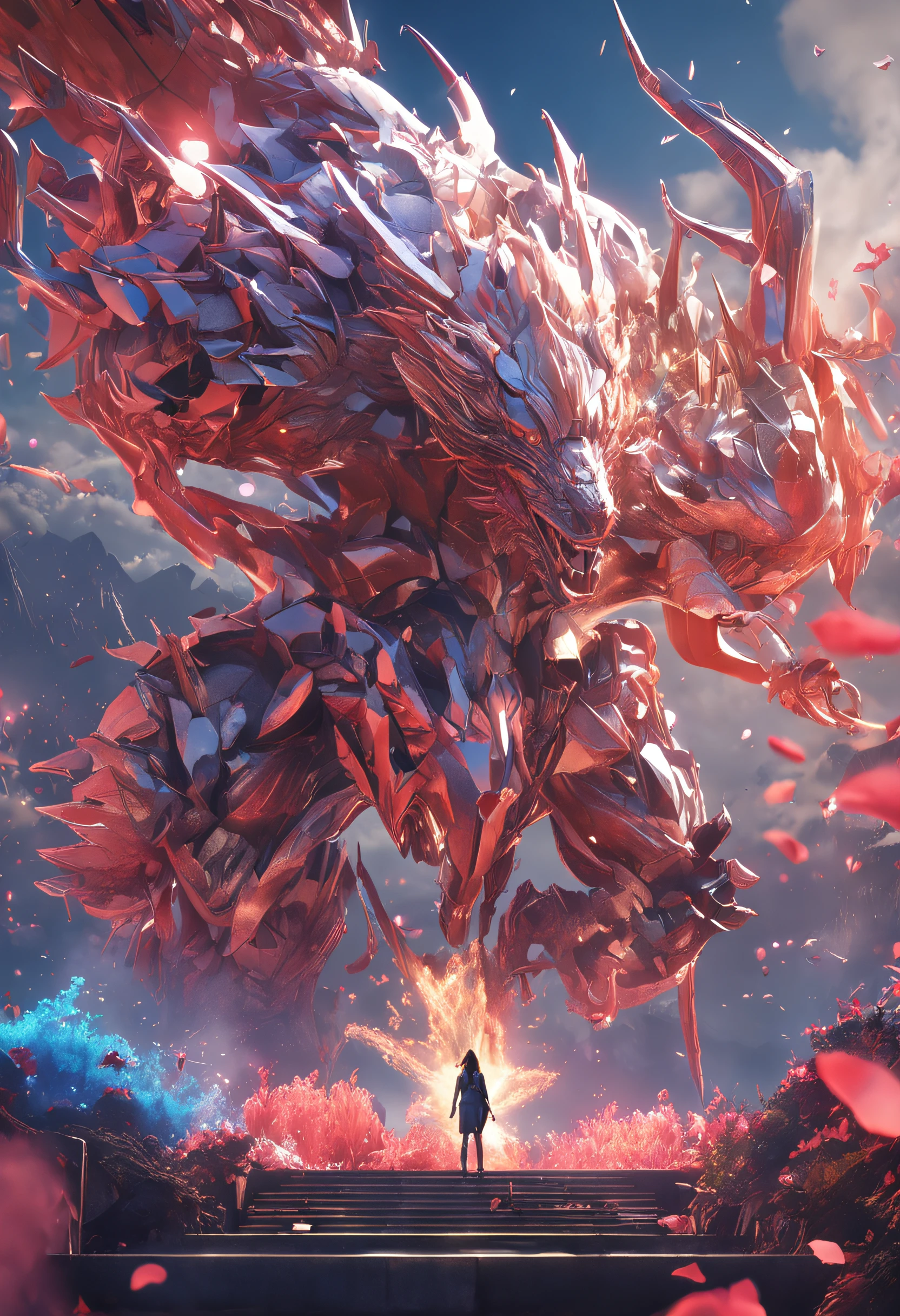 (Background with Colorful fireworks:1.2),Viola、mountain ranges、The dragon、Near future、ciber、sea of clouds、the morning sun、wanting、grand、(1womanl:1.2),Biomechanical cyborg,Giant Swing、(Fly over the mountains),devastated,Shining Weapon,Dynamic Angle, spark art,Octane Render, Official art, Unity 8K Official Art, Unity 8k壁纸, ultra-detailliert, Beautiful and aesthetic,Extremely detailed, Dynamic Angle, Most Beautiful Form of Chaos, Elegant, a brutalist designed, vivd colour, barroco, by james jean, roby dwi antono, by Ross Tran, Francis Bacon, michal mraz, Adrian Ghenny, petra cortright, Gerhard Richter, Takato Yamamoto, Ashley Wood, Atmospheric, ecstasy of musical notes, streaming musical notes visible,Sun Knight,Glasswork,realistic representation of face, Detailed beautiful delicate face, Detailed beautiful delicate eyes,Realistic lighting and shading, (an extremely delicate and beautiful art)1.3, Elegant,(Dutch Angle,Good anatomy),