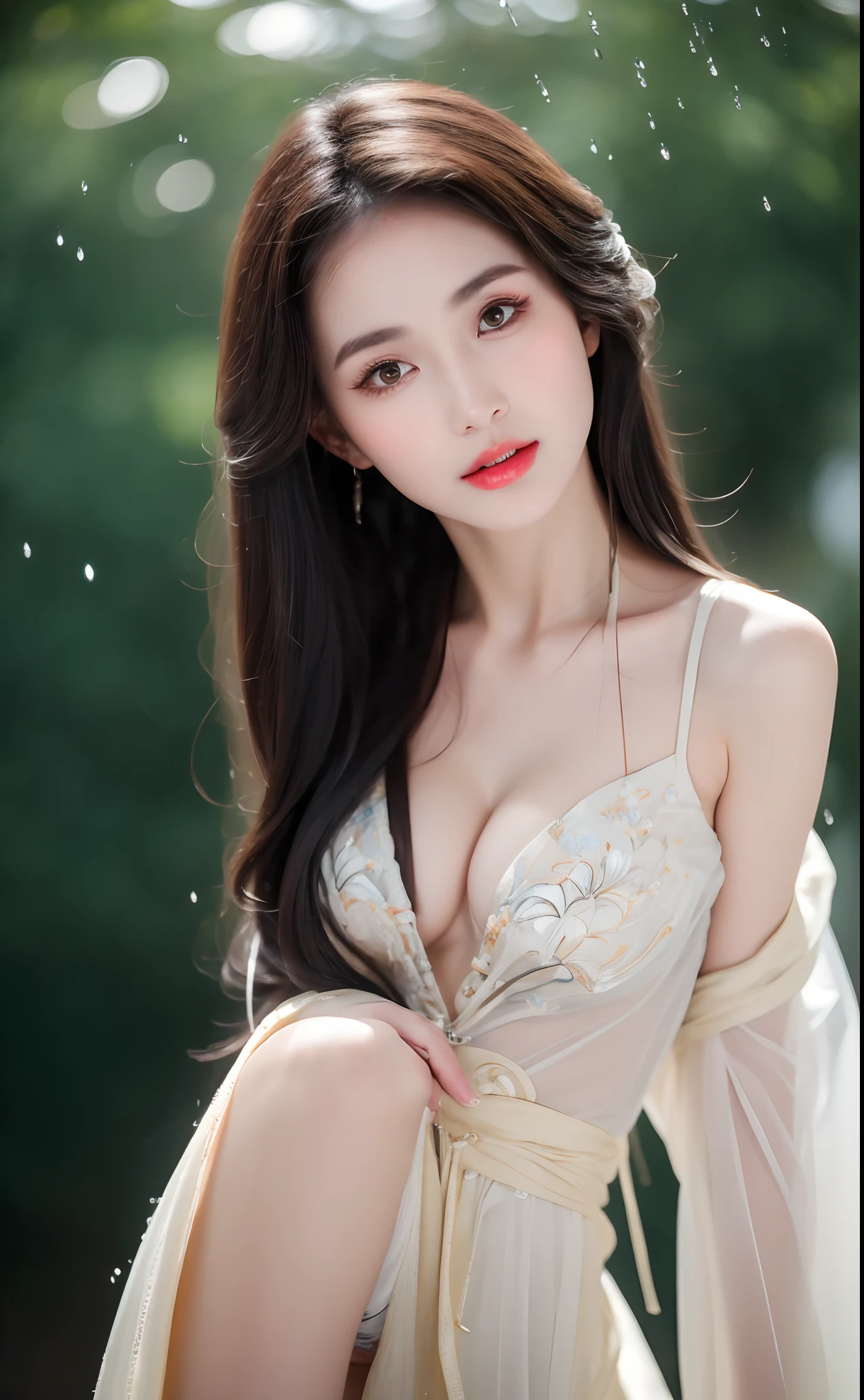 ((Best Quality, 8k, Masterpiece: 1.3)), Focus: 1.2, Perfect Body Beauty: 1.4, Buttocks: 1.2, ((Layered Haircut)), (Wet Clothes: 1.1), (Rain, Street:1.3), (Breasts: 1.2), (Hanfu: 1.2), Bare Shoulders, Bare Legs, Highly Detailed Face and Skin Texture, Fine Eyes, Double Eyelids, Whitened Skin, Long Hair, (Shut Up: 1.5), (Bokeh Background: 1.5), Big Breasts
