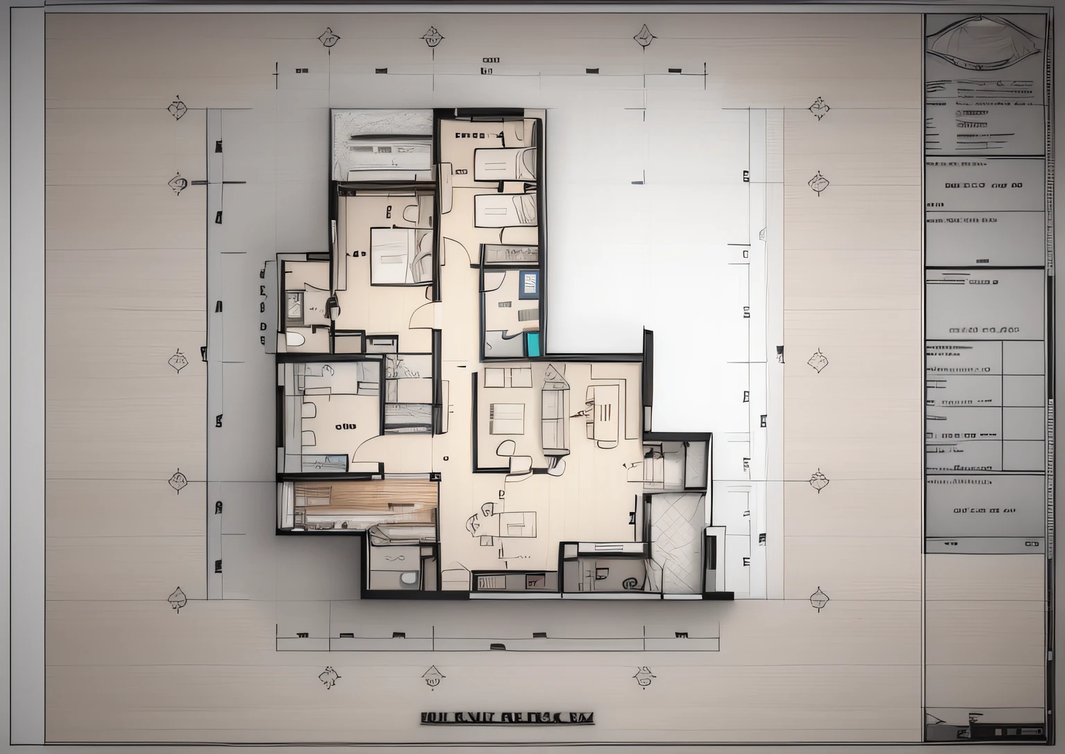 3d render, plan view, a drawing of a apartment with a floor plan and a entrance, flat 2 d, floor plan view, layout, floor plan, 2 d overhead view, layout design, architectural plan, top - view, architectural planning, flat 2 d design, 3-dimensional, 3 - dimensional, residential design, 2 d autocad, flat drawing, plan drawing, detailed vector, natural lighting, wall in black and clean line, wooden floor