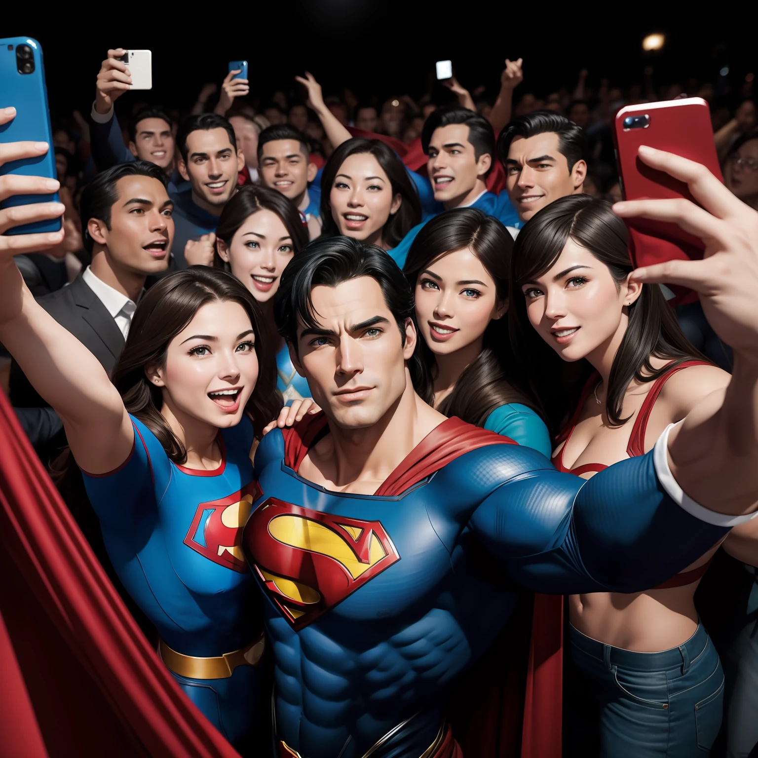 Create an image depicting Superman taking a selfie with a group of delighted fans, capturing his iconic and inspiring interaction with his admirers. Depict Superman in a confident and approachable pose, holding a smartphone out for a selfie while surrounded by a group of awe-inspired fans. Show the fans smiling, posing with heroic gestures, and interacting with Superman, conveying their admiration and excitement. Dress Superman in his classic superhero attire, complete with the iconic S emblem and flowing red cape. Use a noble and heroic art style to convey the timeless essence of Superman and the uplifting atmosphere of the selfie moment. Incorporate elements of inspiration and unity that come with encountering a symbol of hope. Utilize a color palette that reflects Superman's traditional red, blue, and yellow, while maintaining an uplifting and empowering vibe. The camera angle should emphasize the group dynamic, showcasing both Superman and his awe-struck fans in the frame. Opt for a wide-angle lens to capture the details of the fans' expressions and interactions with Superman. Render the image in high resolution to convey the awe-inspiring and heartwarming interaction between Superman and his adoring fans.