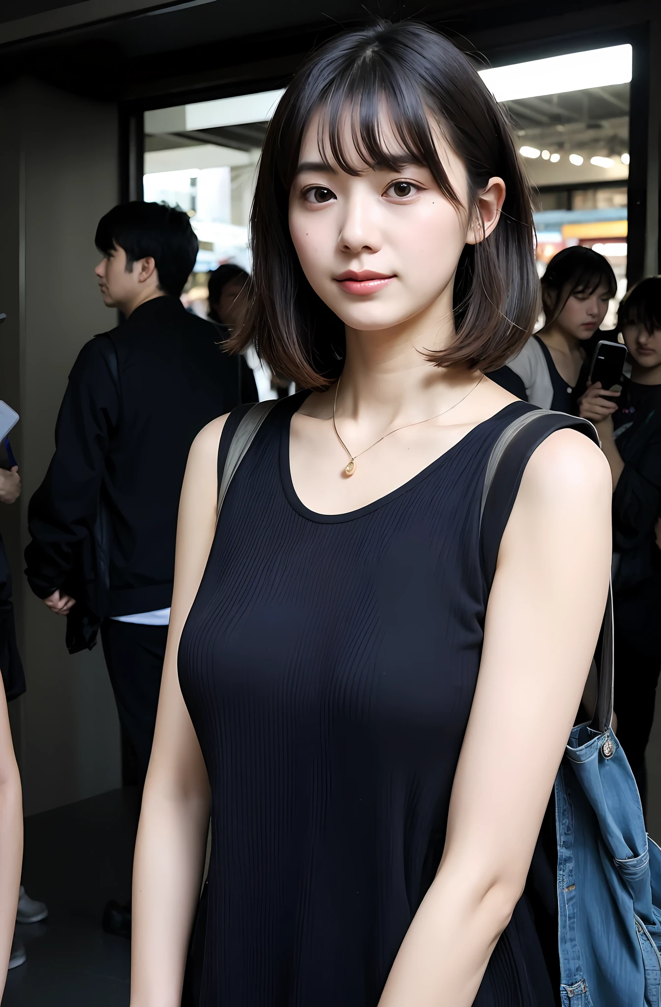 8K、top-quality、masterpiece、超A high resolution、photo-like、SLR、beautiful japanese female、Elegance、There is a good、Gentle face、Beauty of the wind、Moist beauty、short-cut、Keep your bangs neat and tidy、The eyes are far away、Transparent atmosphere、Beautiful face、Raised corners of the mouth、drooing eyes、Tanuki face、wrist watch、a necklace、A bracelet、Gradient lighting、Drop long bangs to the side、Girls and men、Delicate skin、Look into the distance、Brown-eyed、up chest、the shape of the chest is clear,,,、very very gigantic boobs、breasts are large、Raw photography、(pureerosface_v1:0.5)、Sheer Mesh Tops、Sheer shirt、Sheer T-shirt、You can see through the inside、Sheer feeling、Stand neck、pleats、Sleeveless、Sleeveless、pleats、Sexy clothes、Sheer feeling、Take your eyes off、subject、Lean、Look here、Ass big、big butts、bbw、In front of Tokyo Station at night、total darkness、deep in the night、City lights、Station Square、Walk、Way back、backpack、Carry your backpack、