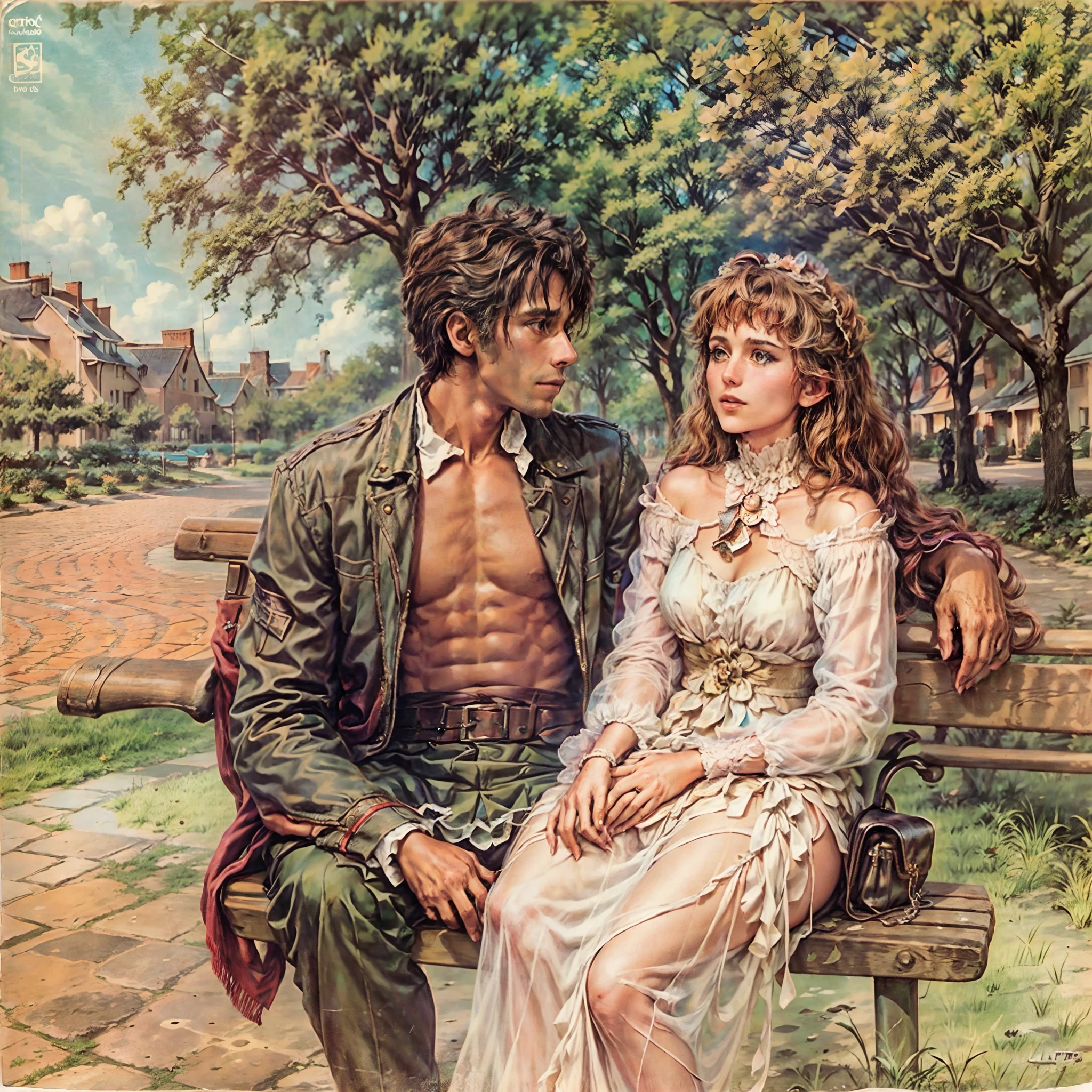 Album_Cover, (front view), portrait of a romantic couple sitting on a bench amidst a picturesque park