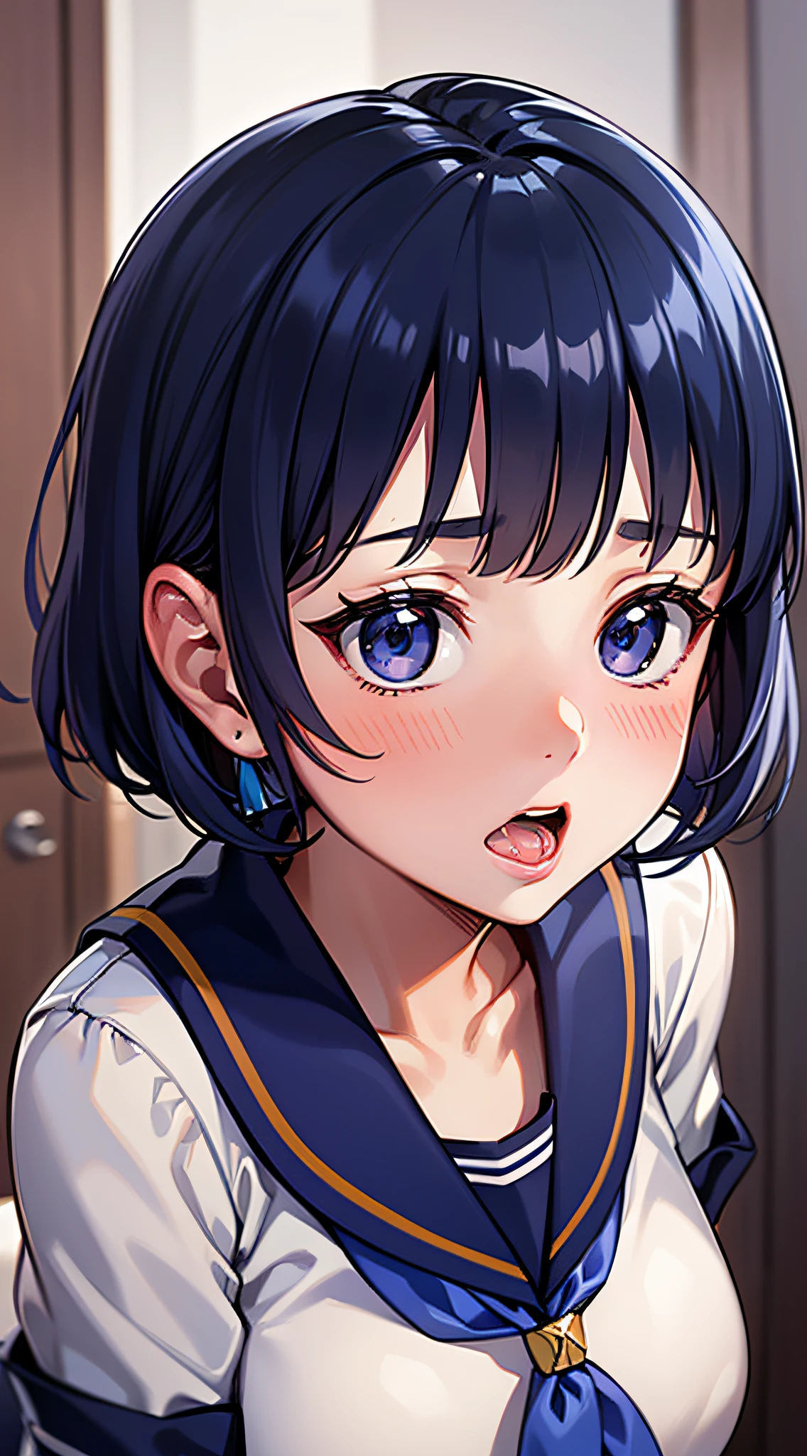 top-quality、Photorealsitic、8K picture quality、hight resolution、女の子 1 人、sixteen years old、Ami Mizuno、Sailor Mercury、Blue hair color、bob cuts、Half-taken uniform、Unbuttoned exposed breasts、Kneel in front of the screen、Sucking the tip of the penis 、Hold the penis with both hands、Surprised expression、Staring with upturned eyes、Blushing、 cum in mouth、Close-up on the face、Shot from the top of the head