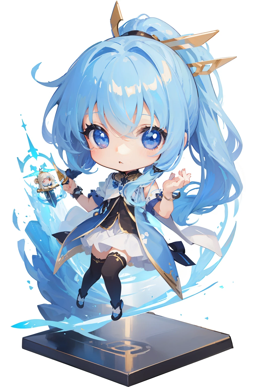 ​masterpiece,HIG quality,[(White background:1.4)::5],(Chibi:1.4),Bottle Bottom,candelabra,pedestal,nffsw,((Chibi Chara)),（hightquality, Cute and beautiful Chibi:1.4),long hair of blue color，Thin ponytail,Sword,beautiful detailed hair、beautiful detailed eyes and face