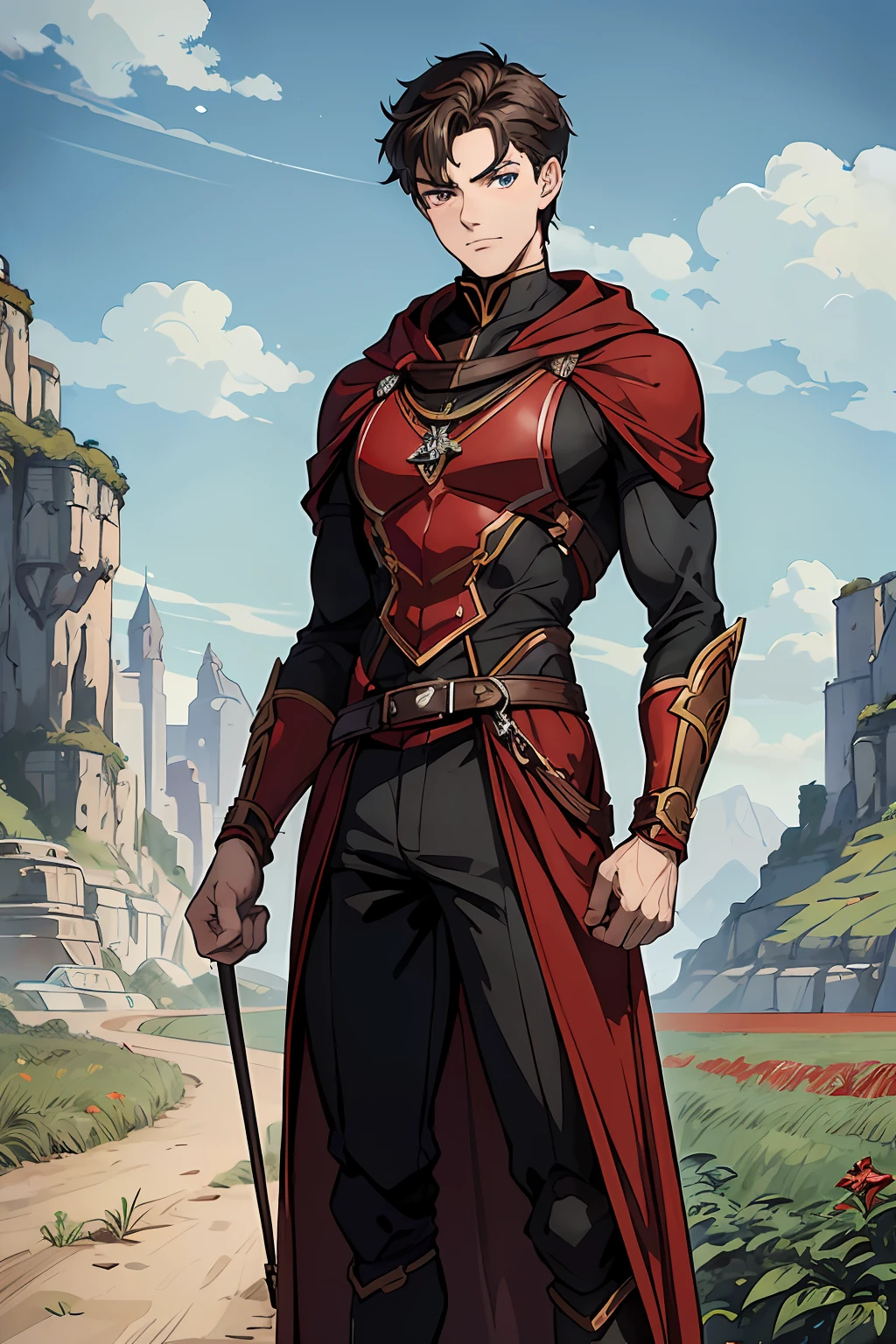 Adventurers Uniform, red and black clothing, black hood, young man, 20 years, light brown hair, short hair, green blue eyes, detailed eyes, beautiful eyes, muscular, tall, 6.3 foot tall, serious pose, strong, masterpiece, detailed design, fields background, dirt path background, adventurer world