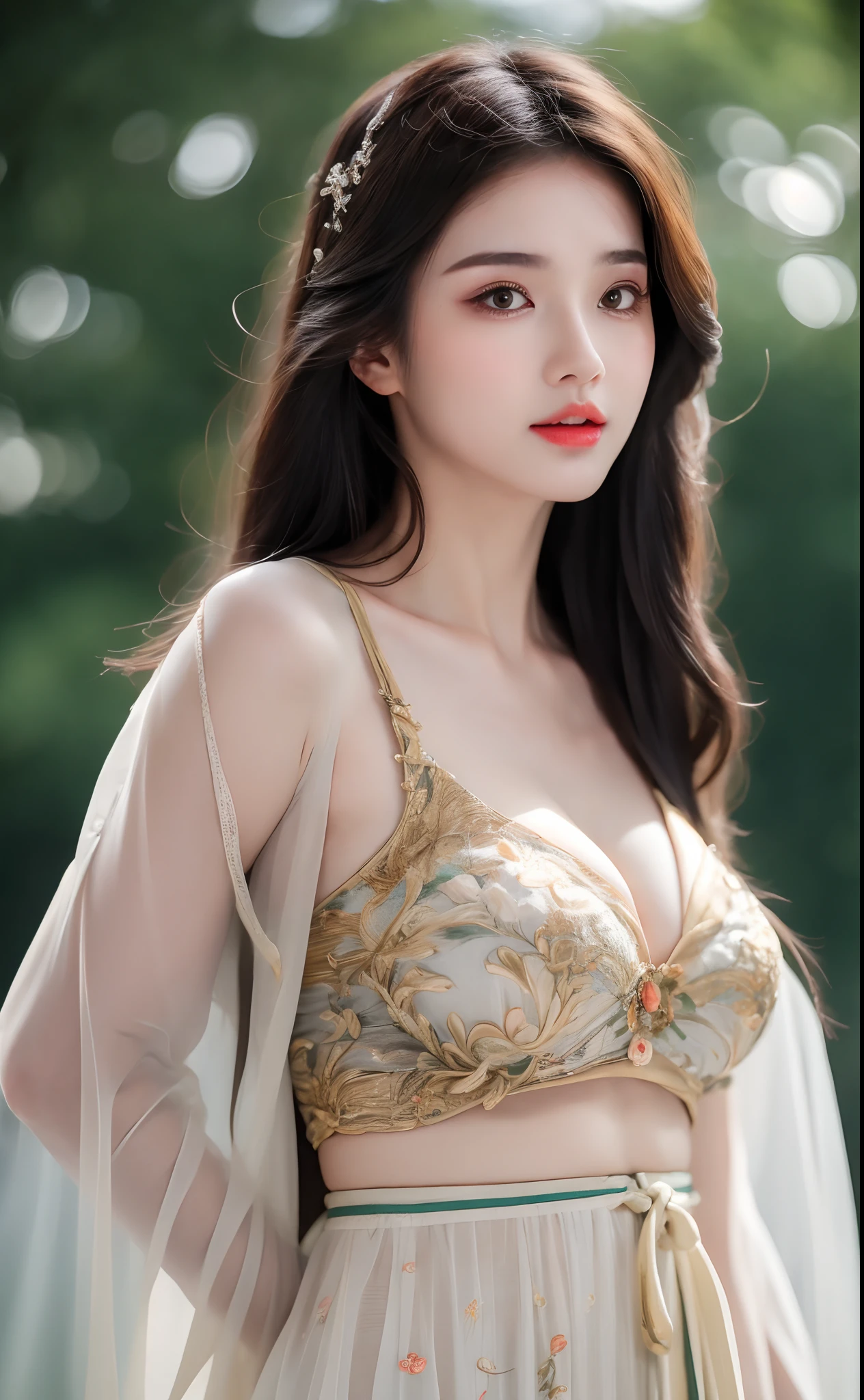 ((Best Quality, 8k, Masterpiece: 1.3)), Focus: 1.2, Perfect Body Beauty: 1.4, Buttocks: 1.2, ((Layered Haircut)), (Wet Clothes: 1.1), (Rain, Street:1.3), (Breasts: 1.2), (Hanfu: 1.2), Bare Shoulders, Bare Legs, Highly Detailed Face and Skin Texture, Fine Eyes, Double Eyelids, Whitened Skin, Long Hair, (Shut Up: 1.5), (Bokeh Background: 1.5), Big Breasts