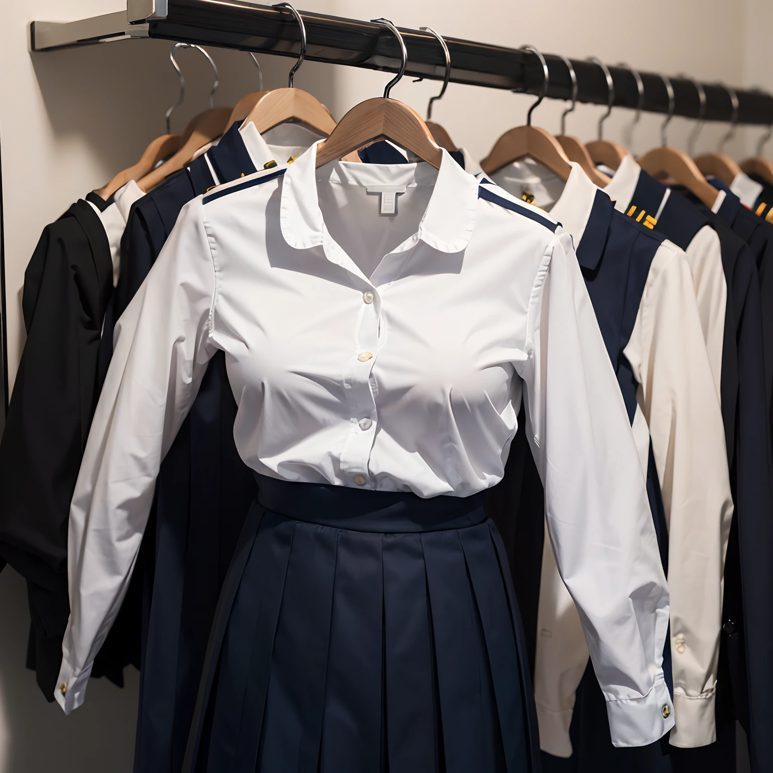 hanger school uniforms in closet raise their sleeves as if invisible girl wear it, school uniforms swells as if possessed by invisible girls, school uniforms have huge breasts, (((((no humans))))), (headless), faceless, invisible girls, from above, (hanger), jk ribbon on the neck, (in closet), armpits, hand on hip, (masterpiece), missing limb, absurdres, invisible, huge breasts