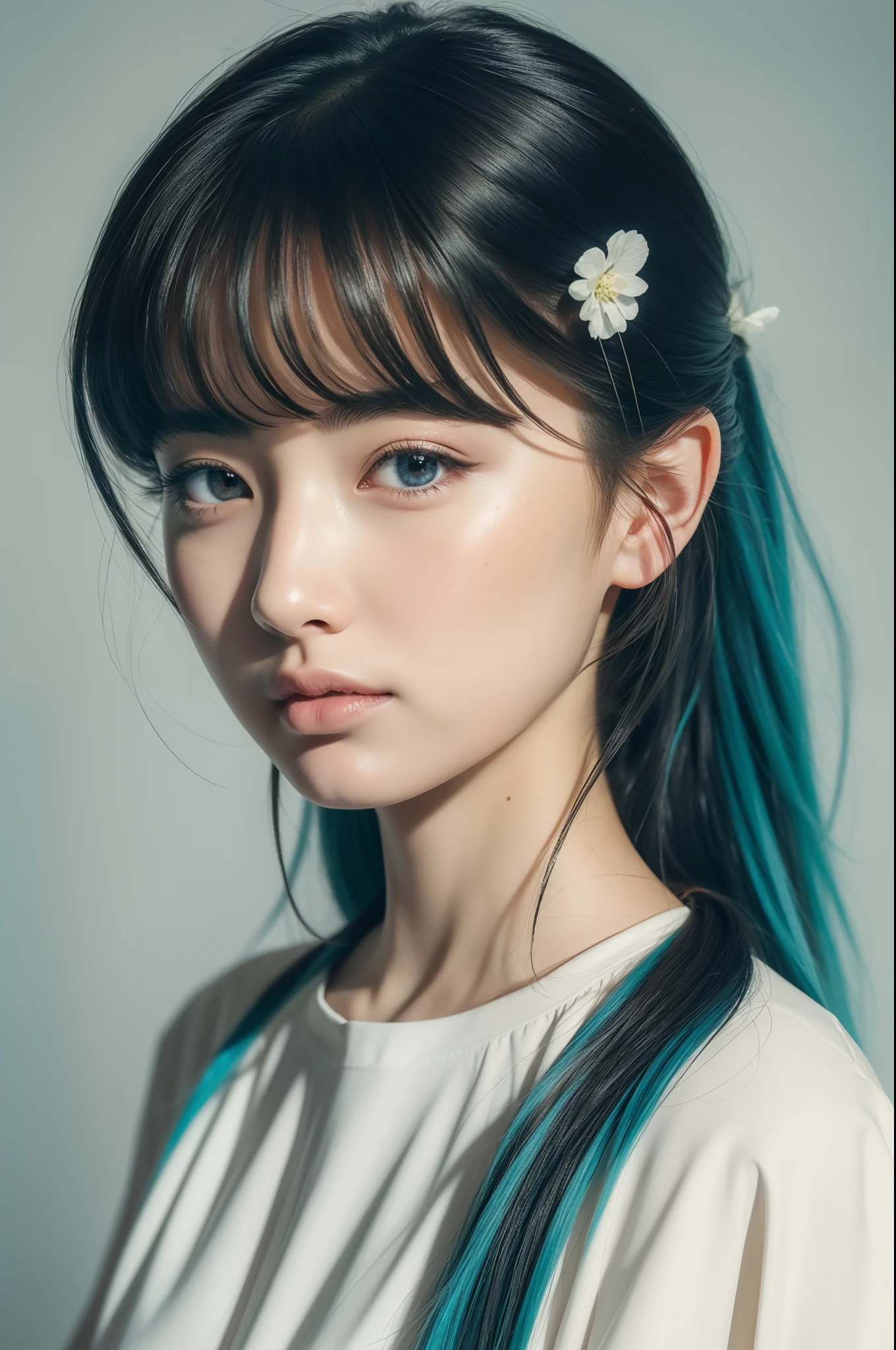 (masterpiece), (best quality), (ultra detailed),(disheveled hair),(illustration), (1girl), (Fashionable clothing), standing, Fashion model, looking at viewer, (interview), (simple background),beautiful detailed eyes, delicate beautiful face, Floating,(high saturation),(colorful splashes),colorful bubble,(shining), focus on face, ponytail, kamisato ayaka, light blue hair, bangs, hair ring, floating flowers, floating hairs, (shining), best lighting, best shadow,