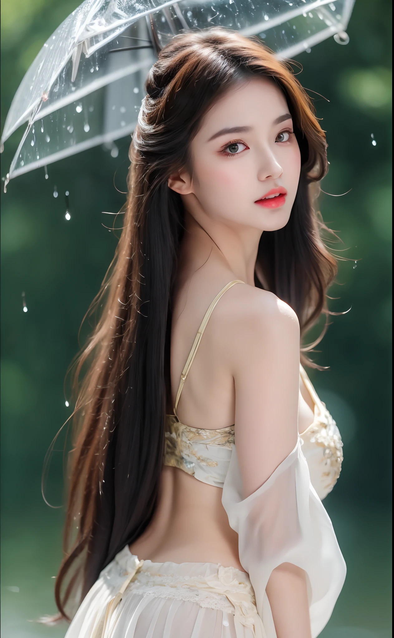 ((Best Quality, 8k, Masterpiece: 1.3)), Focus: 1.2, Perfect Body Beauty: 1.4, Buttocks: 1.2, ((Layered Haircut)), (Wet Clothes: 1.1), (Rain, Street:1.3), (Breasts: 1.2), (Hanfu: 1.2), Bare Shoulders, Bare Legs, Highly Detailed Face and Skin Texture, Fine Eyes, Double Eyelids, Whitened Skin, Long Hair, (Shut Up: 1.5), (Bokeh Background: 1.5), Big Breasts