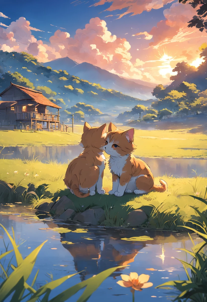 In a beautiful little village，There are mountains，grove，grassy fields，Small lake，o cachorrinho， cats，A lively and cute litt trotts around the village，And beautiful sunsets，A gentle breeze