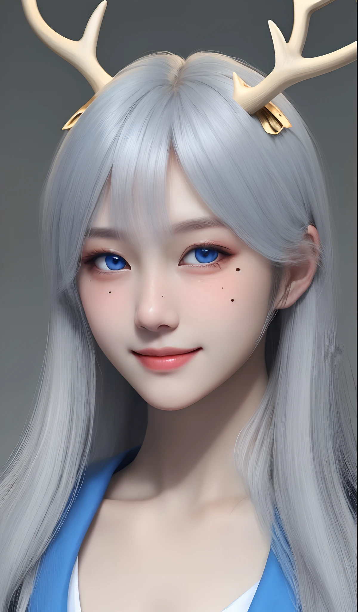 Antlers youth，tear-mole，Gray-blue eyes，The skin is very white，Broken hair，Gentle smile。