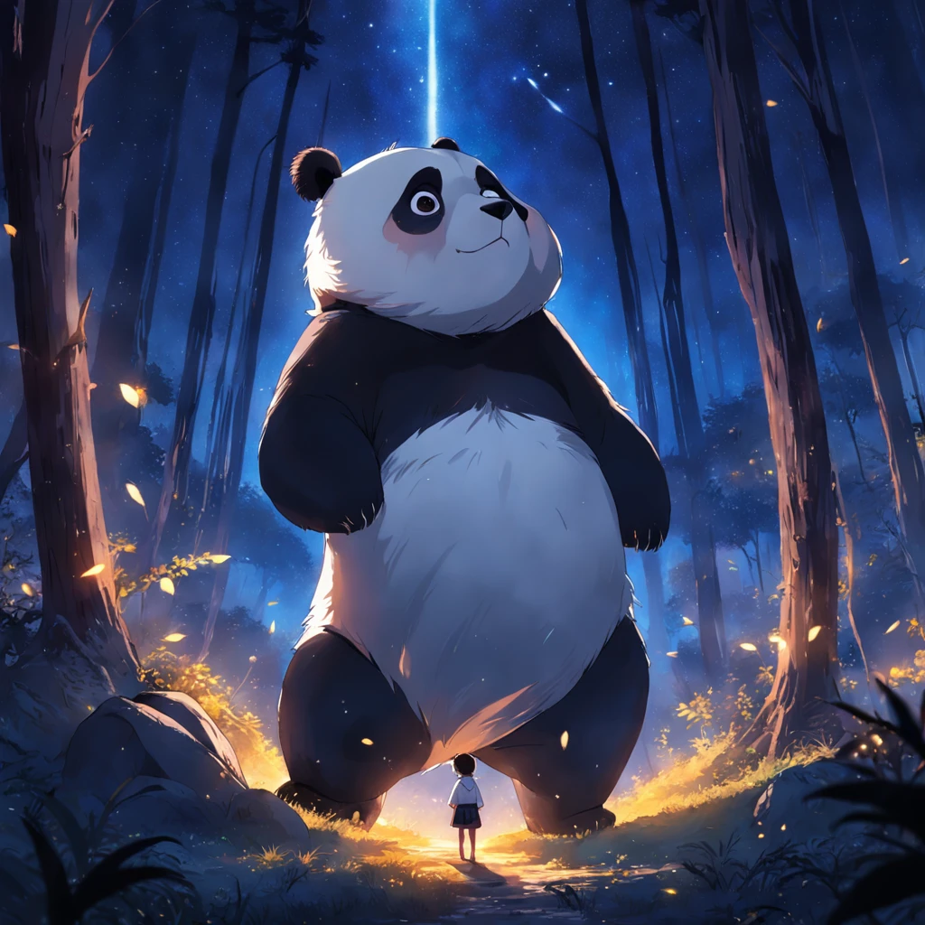 tmasterpiece,best qualityer,cinematic Film still from,1 panda,Close-up,natta,Panda looking up at the stars in the forest,Turn your back to the stars,Starry sky,spark of light