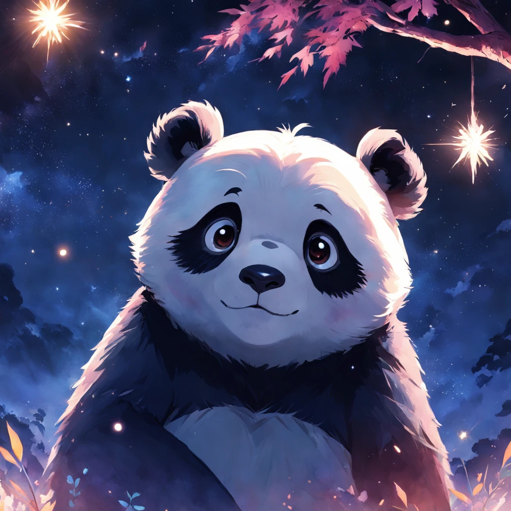 tmasterpiece,best qualityer,cinematic Film still from,1 panda,Close-up,natta,Panda looking up at the stars in the forest,Turn your back to the stars,Starry sky,spark of light