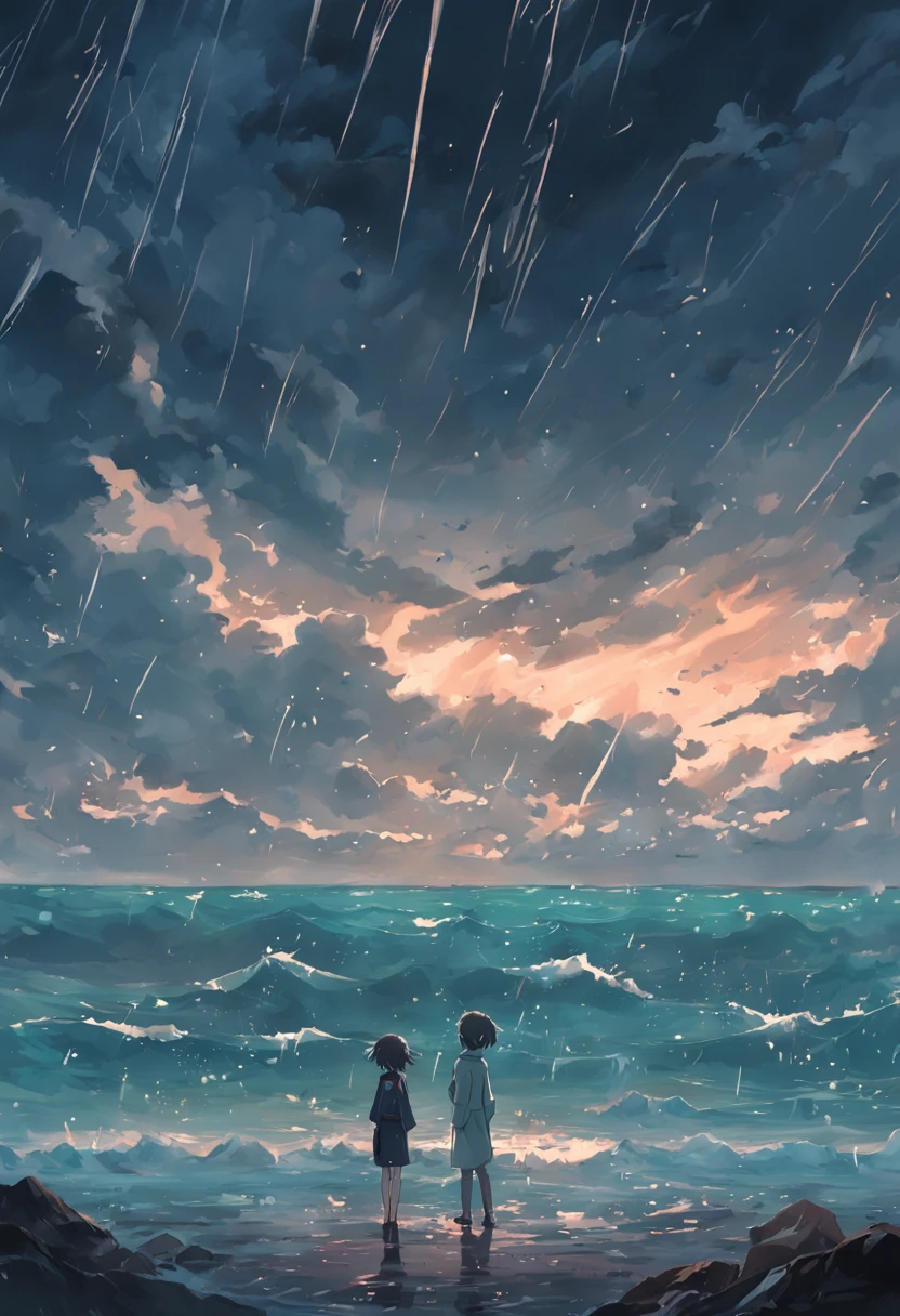 the sea,Dark and gloomy sky,It was raining heavily,There are no characters