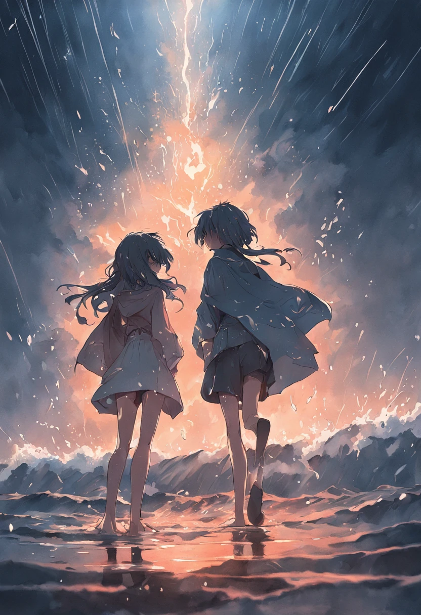 the sea，Dark and gloomy sky，It was raining heavily，There are no characters