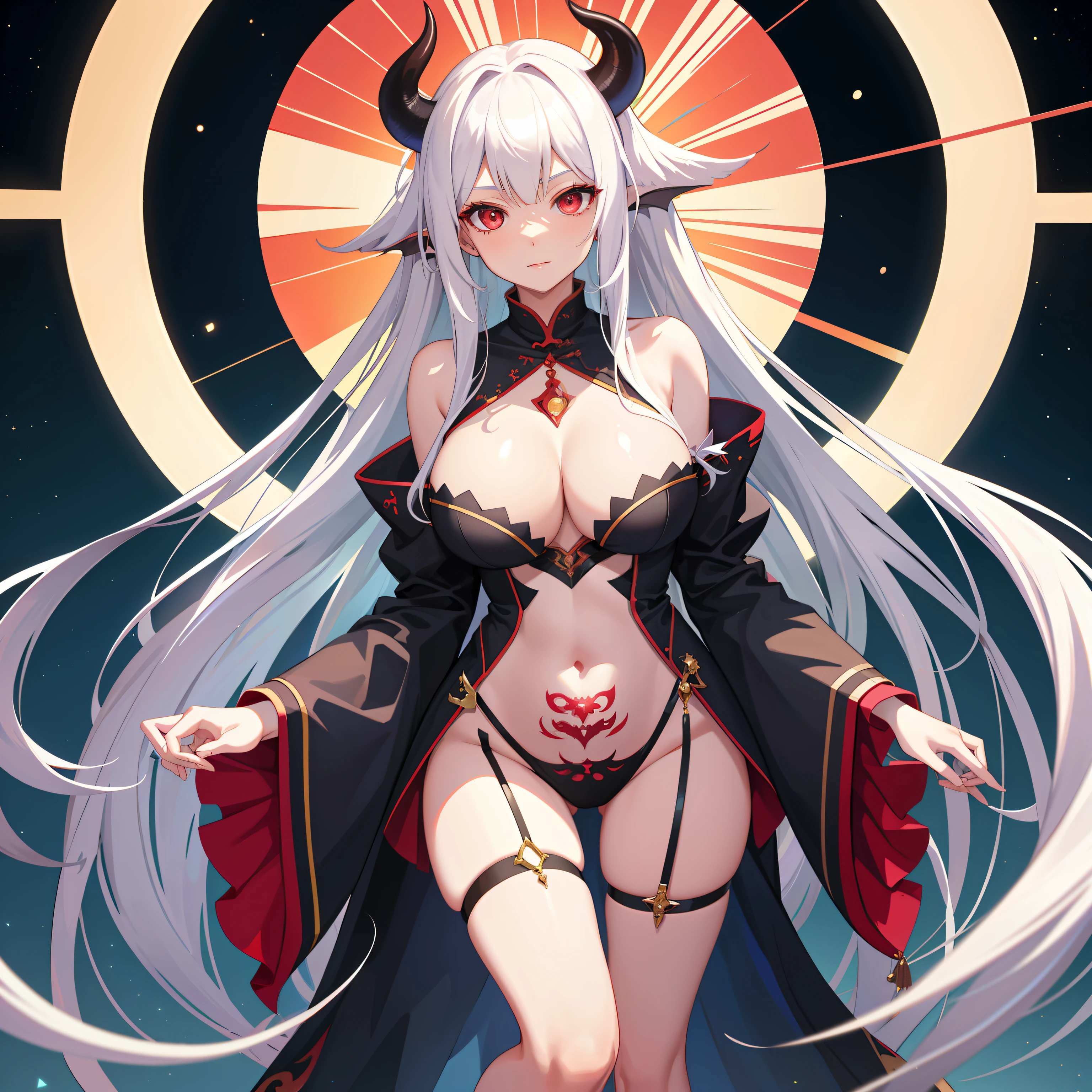 Very Cute Girl, succubi，long  white hair，Small double angle, demon tail, With a crotch tattoo,on cheongsam , Big sparkling red eyes,Love eyes, great proportion, A full-body shot, Kaleidoscope of background, anime big breast, illustration, fanciful, Portrait，bareness, animification, A high resolution, HighestQuali, Extremely high image quality, the ultra-detailed, The ultra-realistice, photot-REALISTIC