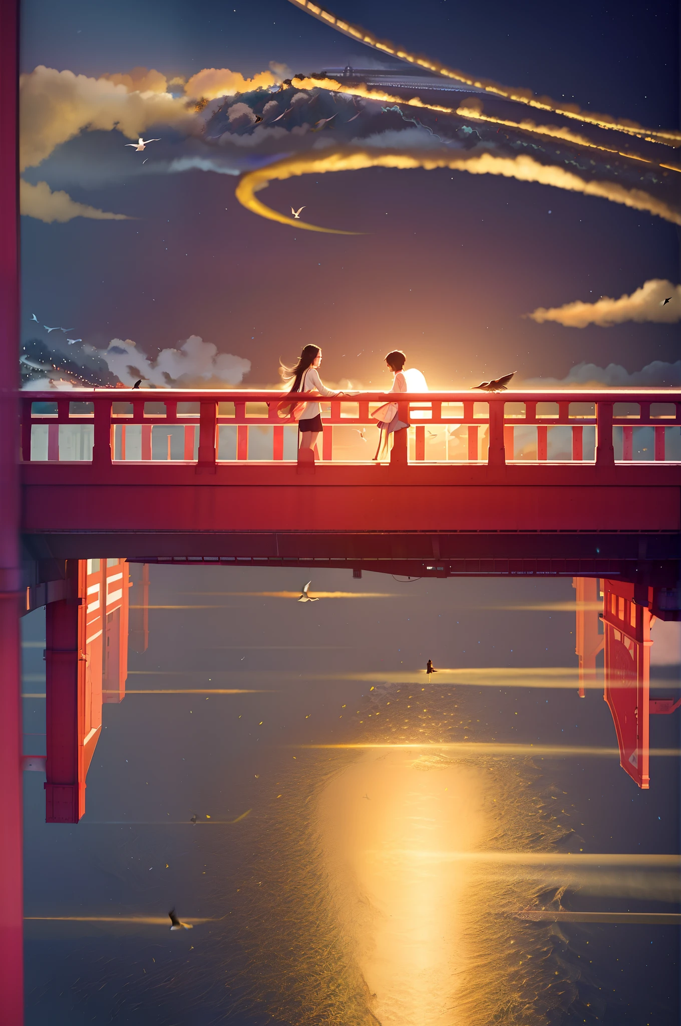 Several people stood on the bridge, A beautiful artwork illustration, in style of atey ghailan, Makoto Shinkai Cyril Rolando, atey ghailan and steve mccurry, blurry and dreamy illustration, calm evening. Digital illustration, Makoto Shinkai e Tom Bagshaw, by Atey Ghailan,There was a flock of big birds flying on the bridge deck