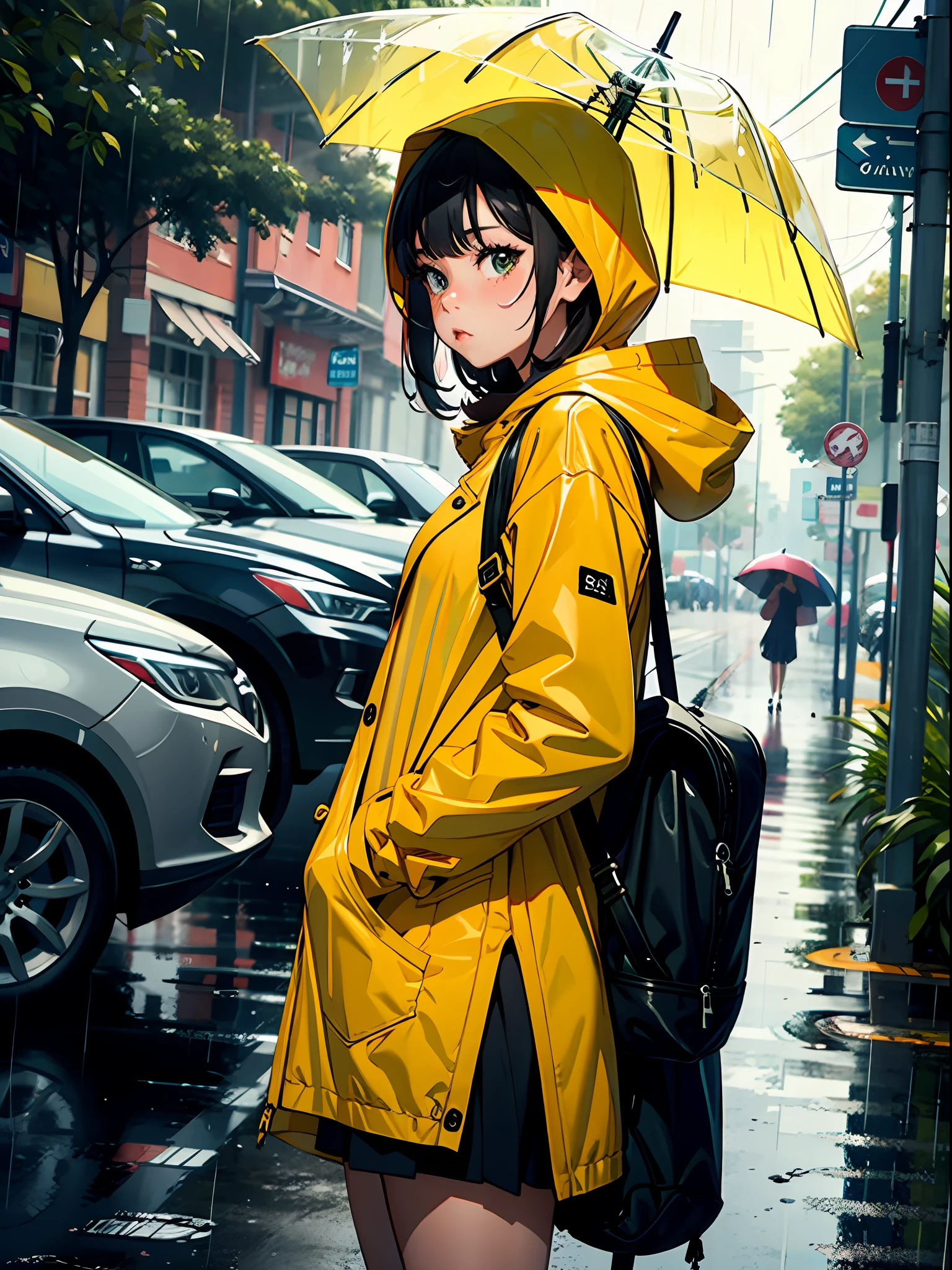A scene of a cute girl pouting in the rain. She is standing under an umbrella, but the rain is still getting to her. She is wearing a yellow raincoat and she has her hood up. Her pout is making her look even more adorable.