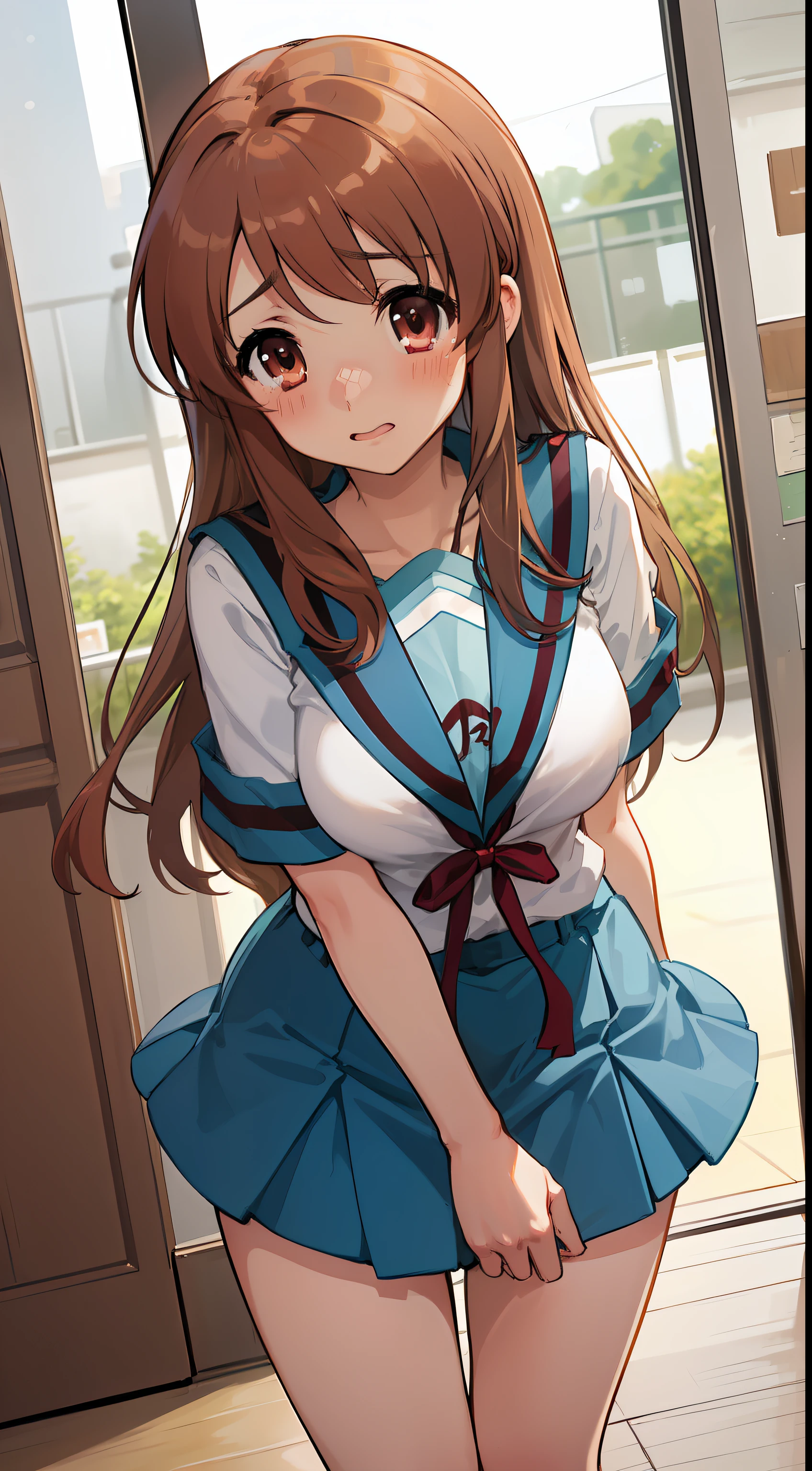 1girl, solo, mikuru1, asahina mikuru, long hair, kita high school uniform, solo, blue sailor collar, serafuku, blue skirt, short sleeves, red ribbon, large breasts, blush, embarrassed, indoors,