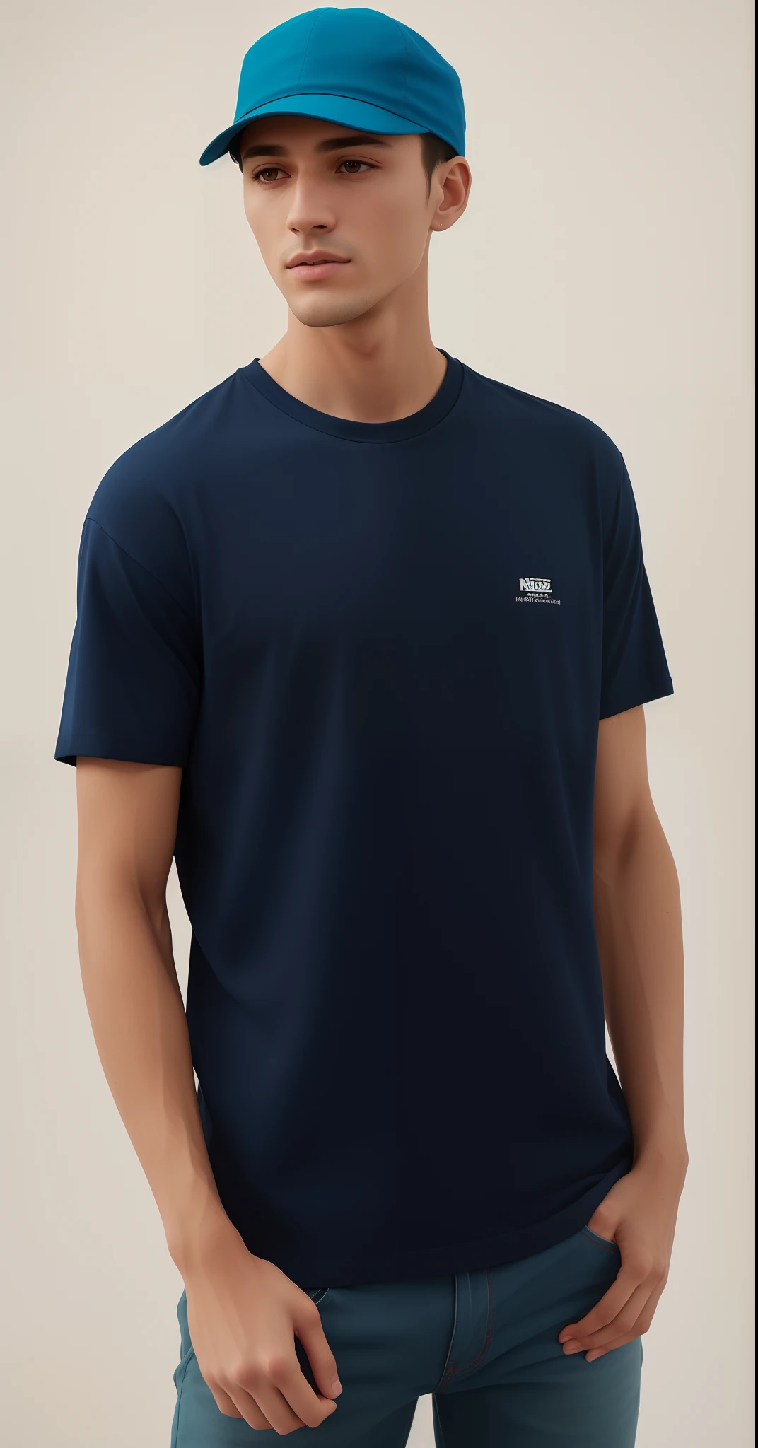 A man wearing a Navy T-shirt and a green hat, camisa azul escura, tshirt azul apertada, azul-marinho, vestindo uma camiseta, camisa da marinha, camiseta preta, camiseta, azul-marinho, T - Camisa, uma camiseta. arte do liquidificador, vestindo camiseta preta, em camiseta, design da camisa, Paulo Rand, design de camiseta, fotografiarrealista, fotografia, obra-prima, realista, Realismo, renderizado, Alto contraste, Arte Digital, fotográficorealista, trend in Artstation 8k HD, high definiton, circunstanciado, Realistic, detalhada, textura da pele, hiperdetalhada, Textura realista da pele, melhor qualidade, ultra high-resolution, (fotografiarrealista: 1.4), alta resolução, detalhada, fotografia crua, Crisp resolution, nikon d850 filme, fotografia de stock 4, Kodak Portra 400 Camera F1 Lens.6, textura hiper realista, lighting dramatic, Unrealistic trend in Artstation Cinestill 800, RAW. Directed by: Lee Jeffries.