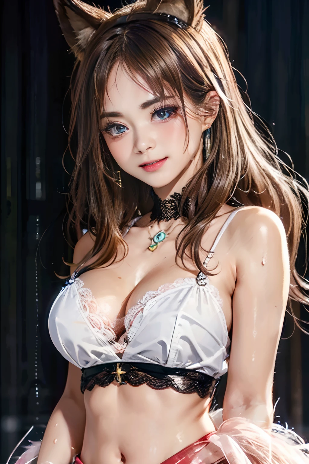 Black hair, hair bobbles, wince, longeyelashes, Solid Circle Eyes, Fake animal ears, lightsmile, ear blush, tusk, anaglyph, Tachi-e, POV, 8K, Super Detail, ccurate, Best Quality, nffsw, masutepiece, Textured skin, Best Quality,full body Esbian,(1girl in),Large cleavage,nedium breasts,brown-brown,dewy skin,Sweat muscles,Wavy blonde,Nylon T-shirt,Punk Girl,brunette color hair,cleanness,Transparent black silk lace skirt,