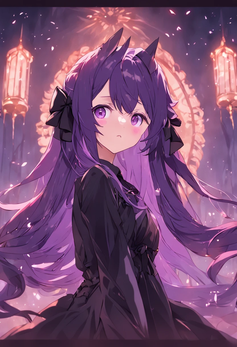 Tsundere woman with long purple hair and wearing a big black ribbon、Wearing a Gothic Black dress、Bewitching、amorous、Adults、Parti