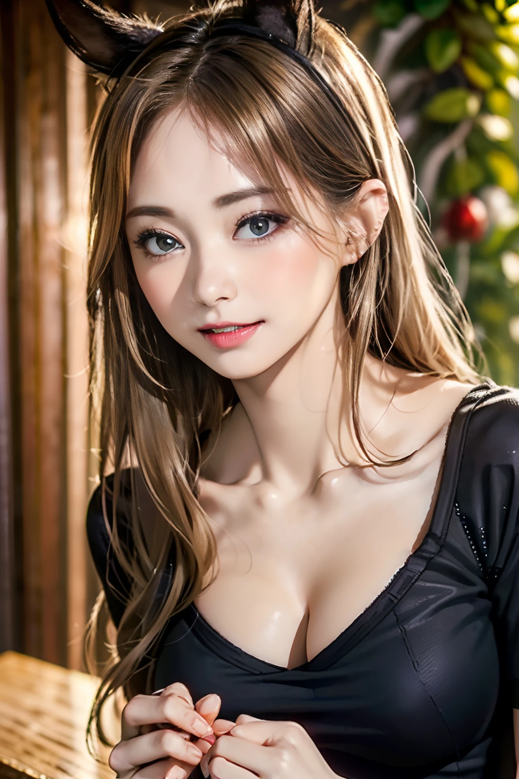 Black hair, hair bobbles, wince, longeyelashes, Solid Circle Eyes, Fake animal ears, lightsmile, ear blush, tusk, anaglyph, Tachi-e, POV, 8K, Super Detail, ccurate, Best Quality, nffsw, masutepiece, Textured skin, Best Quality,full body Esbian,(1girl in),Large cleavage,nedium breasts,brown-brown,dewy skin,Sweat muscles,Wavy blonde,Nylon T-shirt,Punk Girl,brunette color hair,cleanness,Transparent black silk lace skirt,