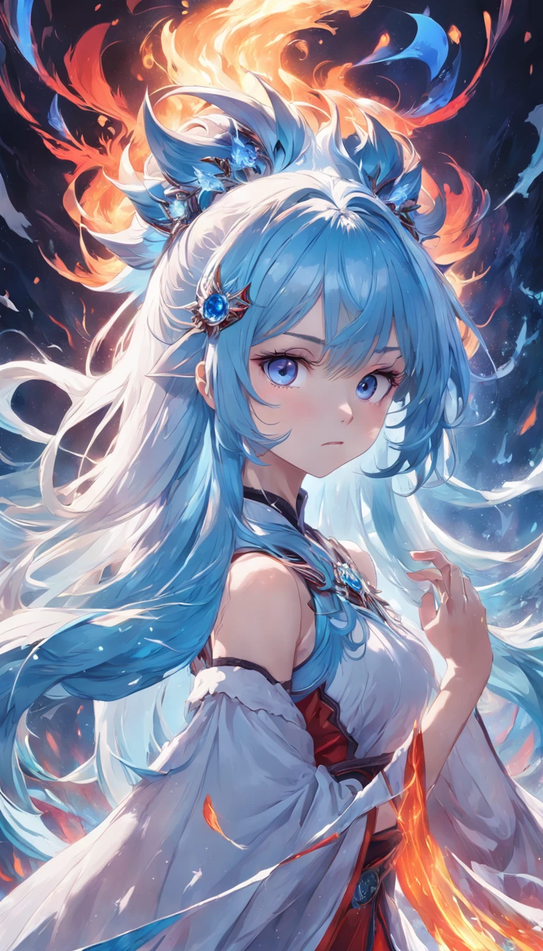 (Masterpiece, best quality, high resolution), white background, acrylic paint, ((Color splash, splash of ink, color splash)), sweet Chinese girl, long light blue hair, [light blue|Pink Hair, Curly Hair , Glitter, Peach Lips, White Shirt, Front, Upper Body