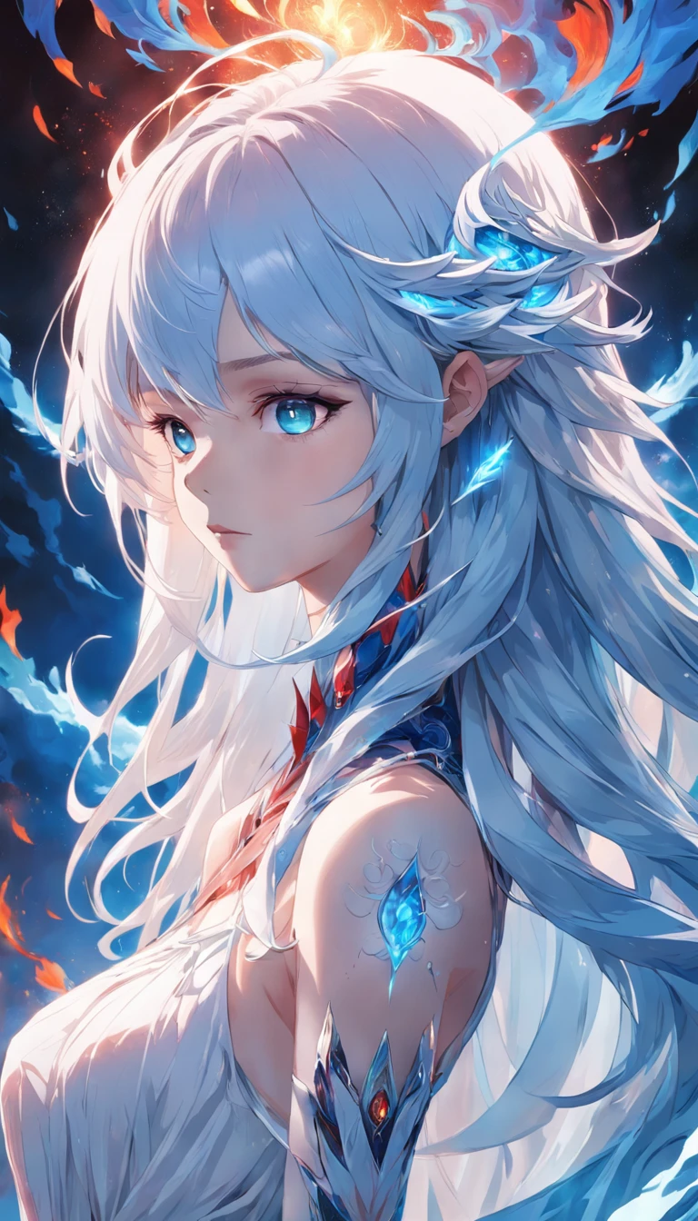realisticlying、Masterpiece quality、best qualtiy、offcial art、Beauty and aesthetics:1.2、Very detailed fractal art、Colorful abstract background、Kizi、Kamimei、The color hair、long whitr hair、Glowing blue eyes、Mysterious magic、Girl of Ice and Fire,Red and blue color scheme,cinematric light