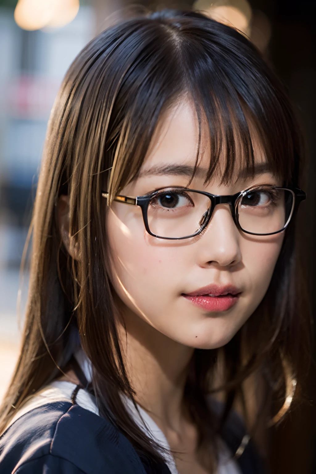 (8K、Raw photography、top-quality、​masterpiece:1.2)、(realisitic、Photorealsitic:1.37)、ultra-detailliert、超A high resolution、女の子1人、see the beholder、beautifull detailed face、A smile、Constriction、Comfortable clothes、Beautiful detailed skin、Skin Texture、Floating hair、Professional Lighting、clear stream、Black-rimmed square glasses、Whole human body、Brown hair