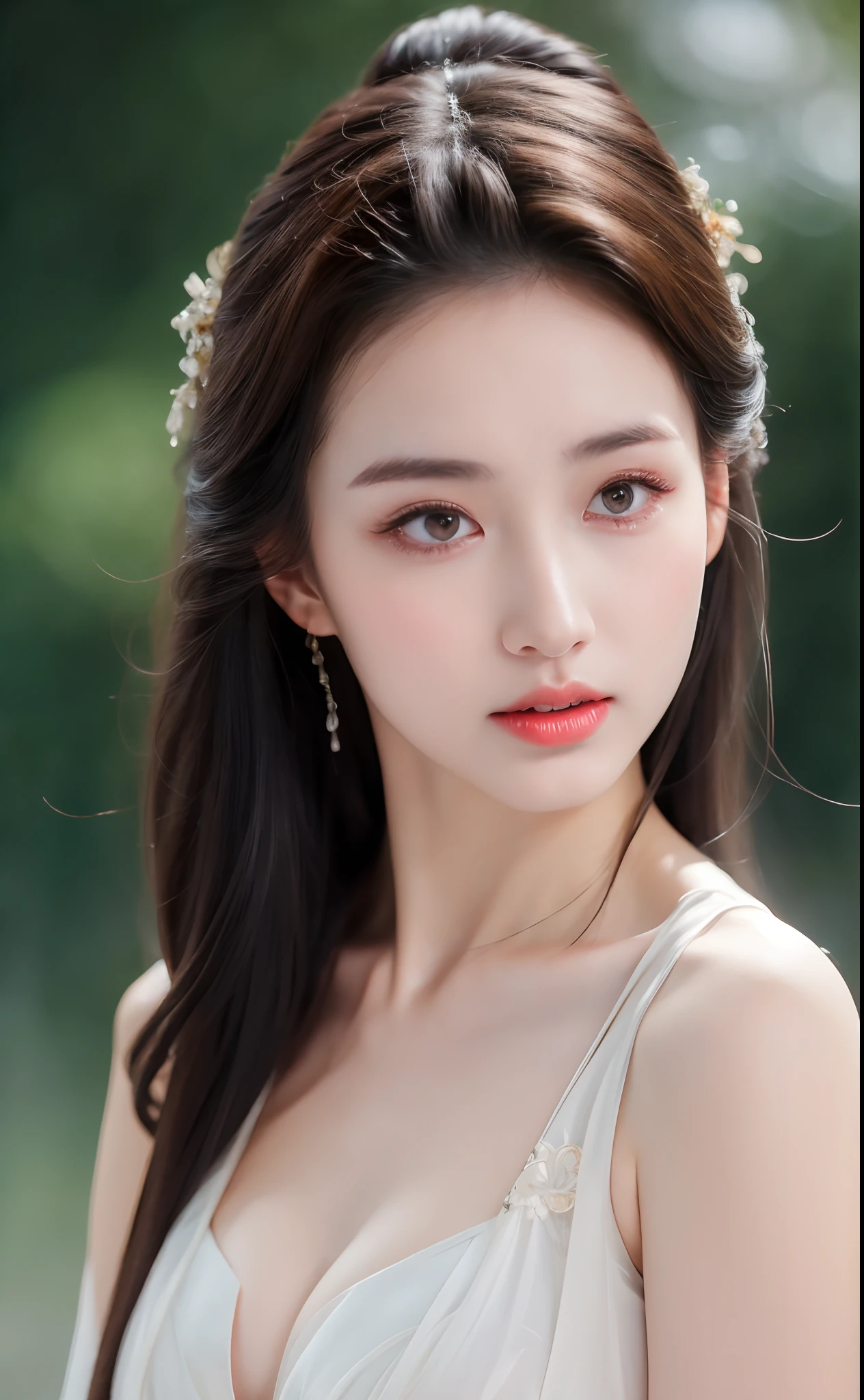 ((Best Quality, 8k, Masterpiece: 1.3)), Focus: 1.2, Perfect Body Beauty: 1.4, Buttocks: 1.2, ((Layered Haircut)), (Wet Clothes: 1.1), (Rain, Street:1.3), (Breasts: 1.2), (Hanfu: 1.2), Bare Shoulders, Bare Legs, Highly Detailed Face and Skin Texture, Fine Eyes, Double Eyelids, Whitened Skin, Long Hair, (Shut Up: 1.5), (Bokeh Background: 1.5), Big Breasts