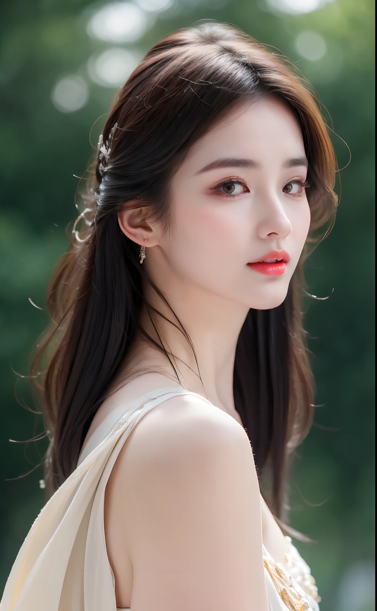 ((Best Quality, 8k, Masterpiece: 1.3)), Focus: 1.2, Perfect Body Beauty: 1.4, Buttocks: 1.2, ((Layered Haircut)), (Wet Clothes: 1.1), (Rain, Street:1.3), (Breasts: 1.2), (Hanfu: 1.2), Bare Shoulders, Bare Legs, Highly Detailed Face and Skin Texture, Fine Eyes, Double Eyelids, Whitened Skin, Long Hair, (Shut Up: 1.5), (Bokeh Background: 1.5), Big Breasts