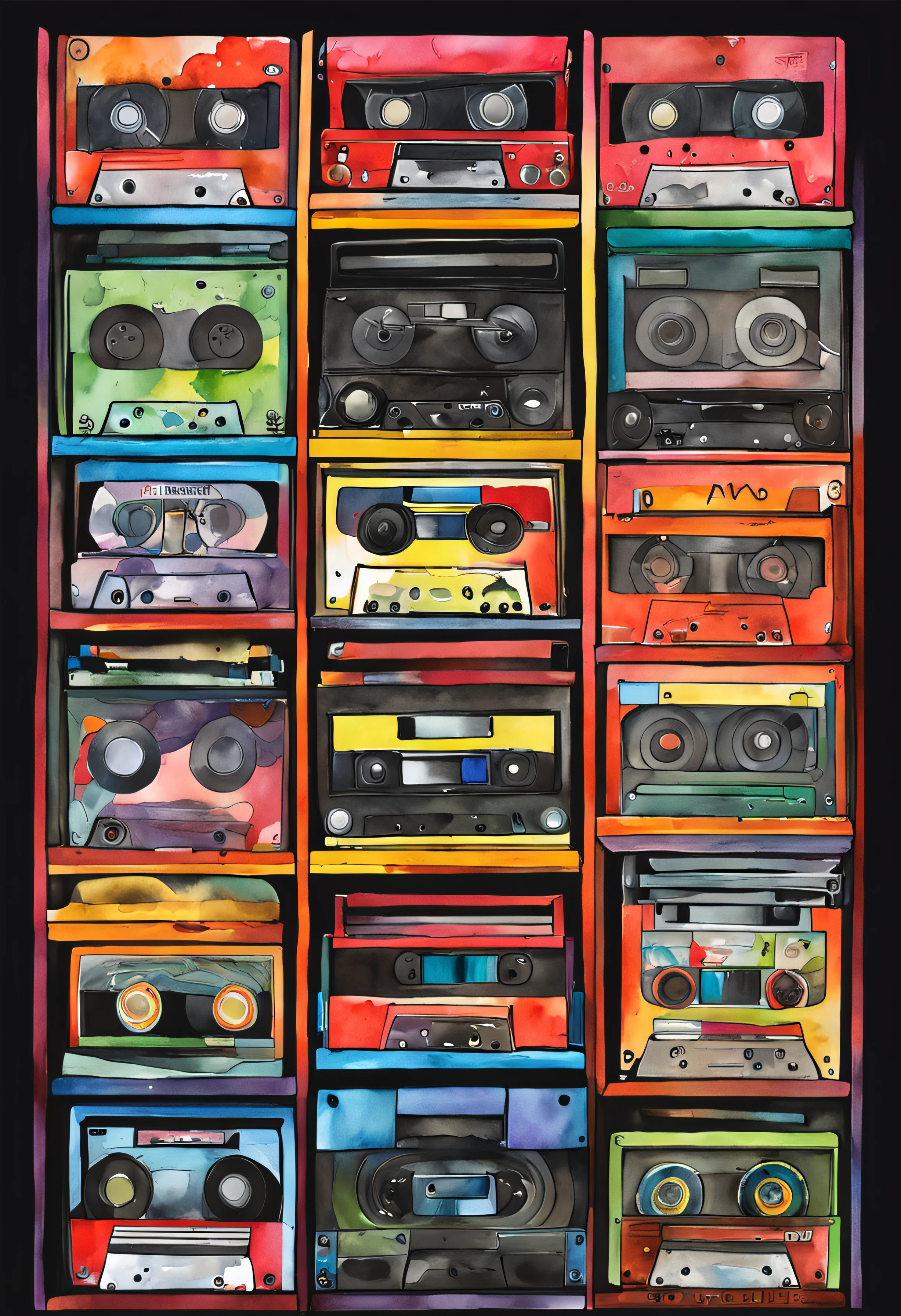design professional photography,flat black background, shelf with cassettes and vinyl discs ((black background))  capture the spirit of music multi-colored covers