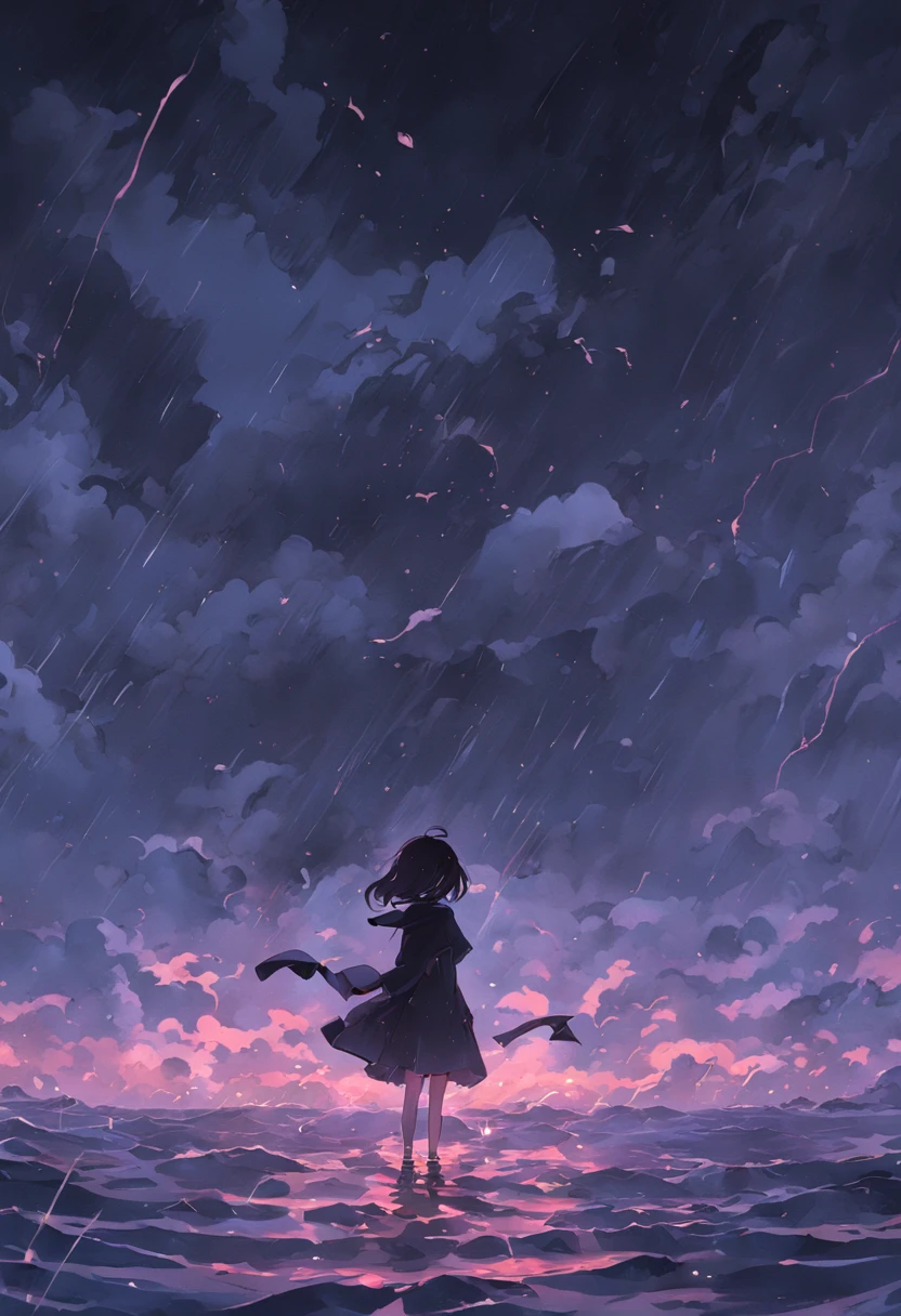 Black bow floating on the sea，The black bow is tattered，Rain hit the sea，Dark and gloomy sky