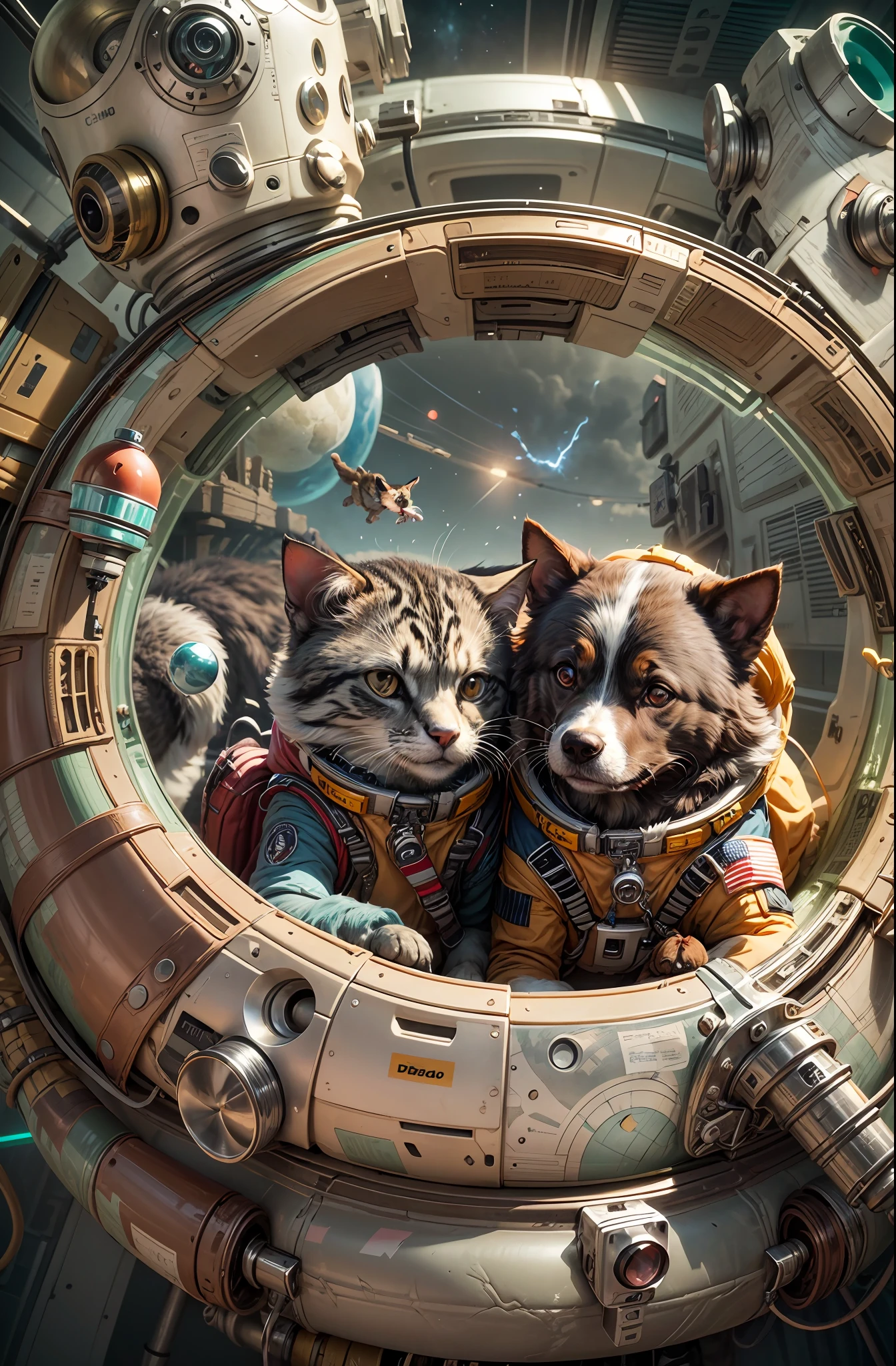 a dog and a cat in space suit,Detailed,Realistic,4k highly detailed digital art,octane render, bioluminescent, BREAK 8K resolution concept art, realism,by Mappa studios,masterpiece,best quality,official art,illustration,ligne claire,(cool_color),perfect composition,absurdres, fantasy,focused