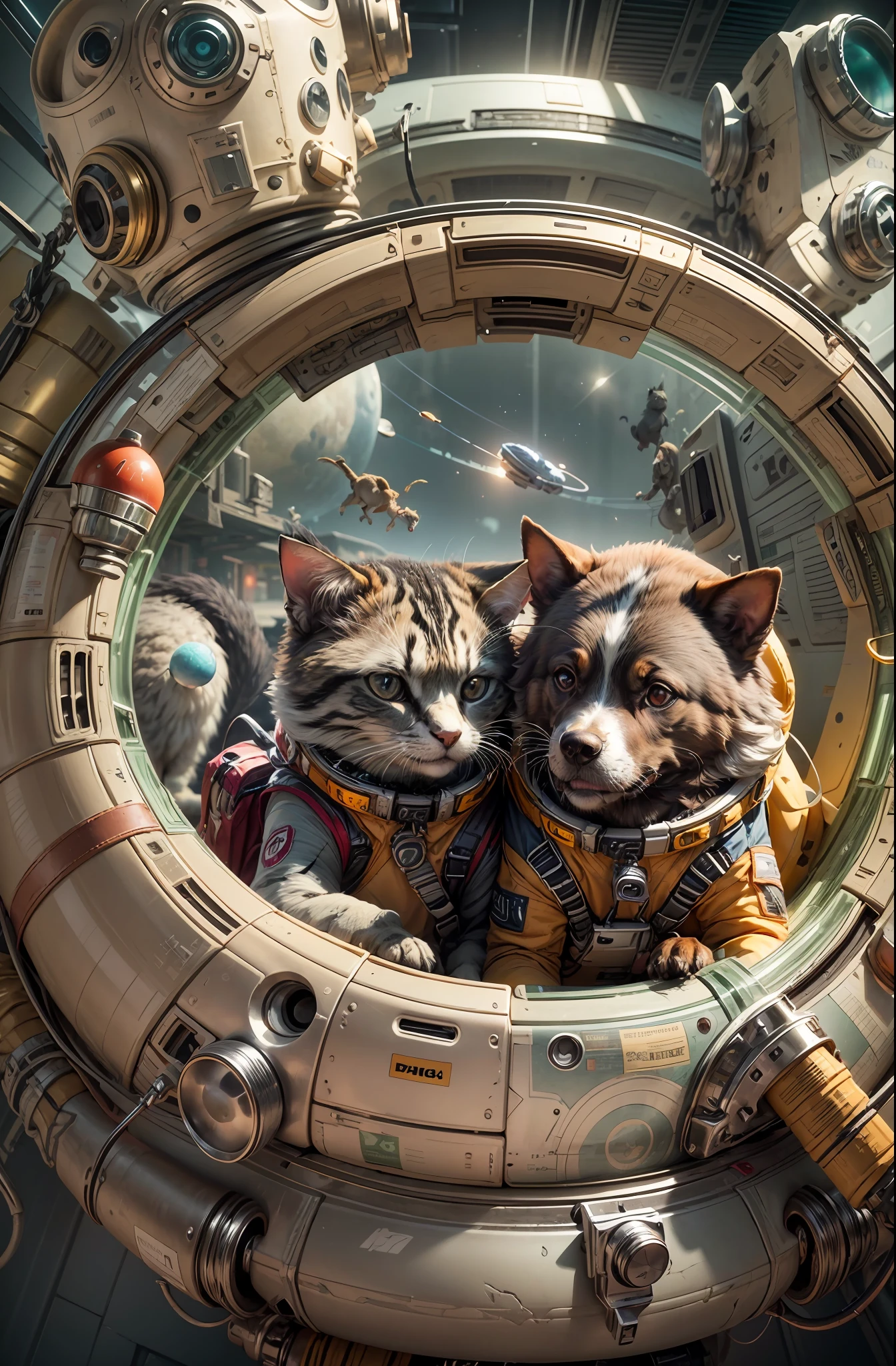 a dog and a cat in space suit,Detailed,Realistic,4k highly detailed digital art,octane render, bioluminescent, BREAK 8K resolution concept art, realism,by Mappa studios,masterpiece,best quality,official art,illustration,ligne claire,(cool_color),perfect composition,absurdres, fantasy,focused