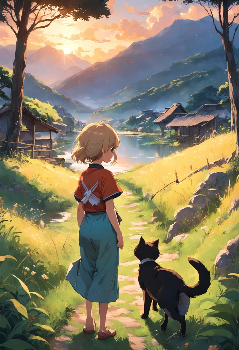 In a beautiful little village，There are mountains，grove，grassy fields，Small lake，o cachorrinho，baby cats，A young boy with，Libido boy，Boys trotting around the village，And beautiful sunsets，A gentle breeze 1