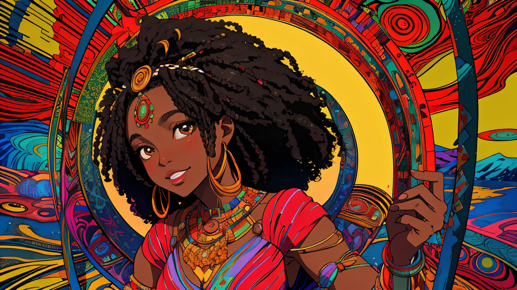 High quality, Masterpiece, 1girll, african queen, afro, Psychedelic
