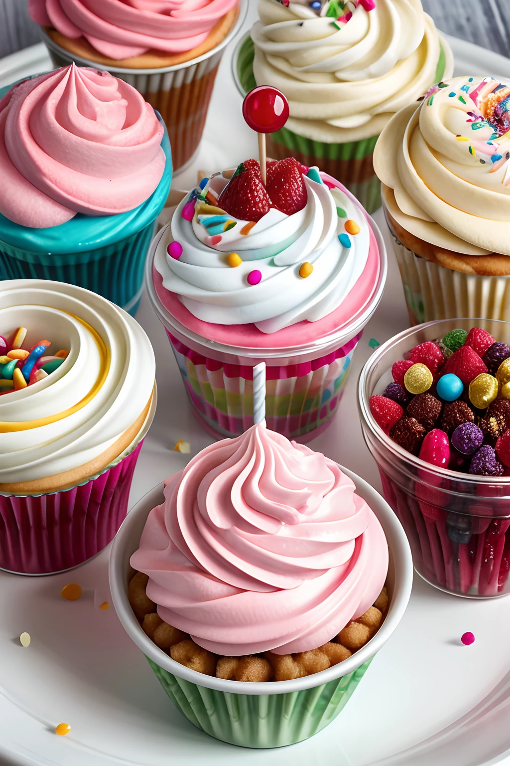 high quality, masterpiece, frozen yogurt, toppings, sweets, lollipops, sprinkles, berries
