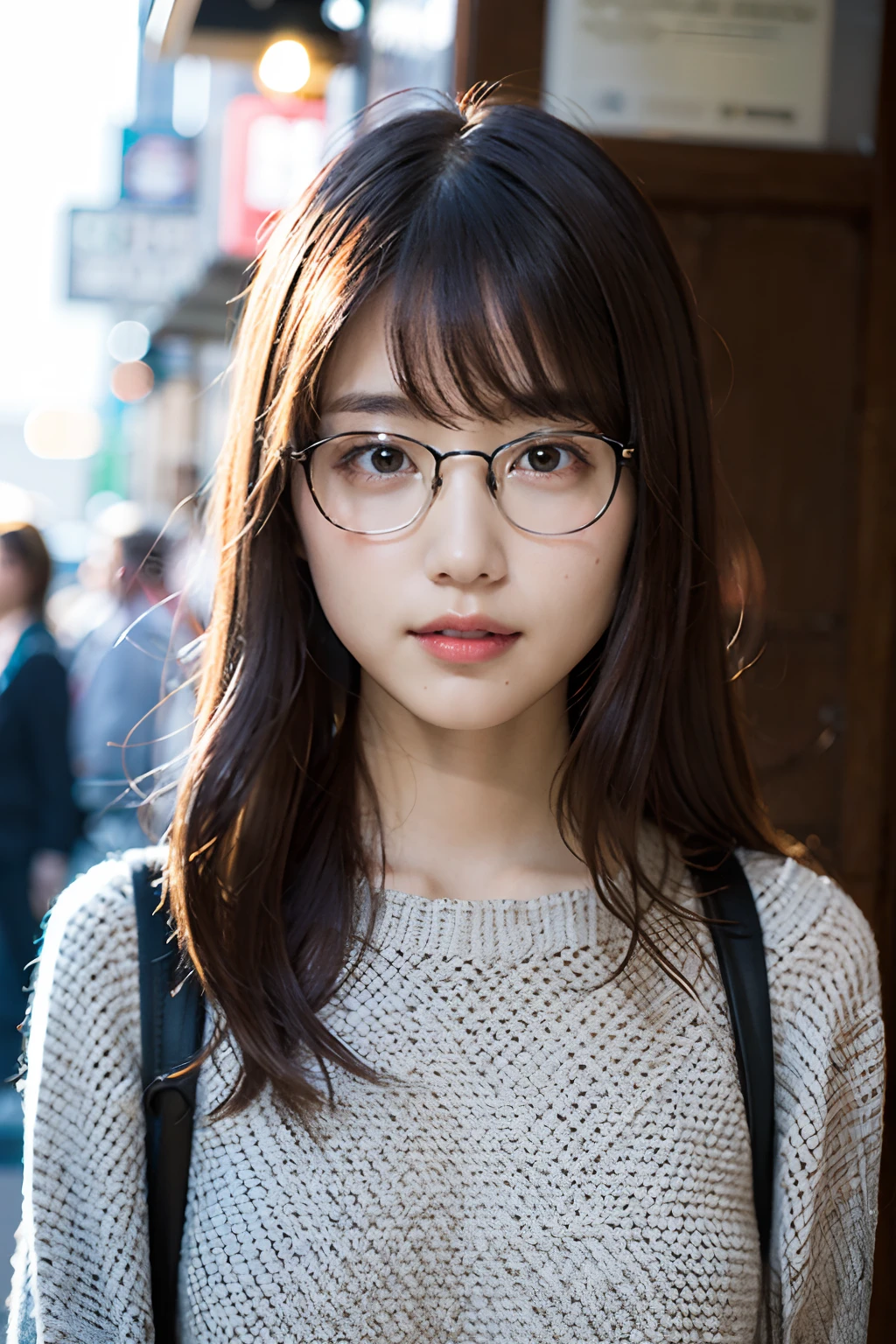 (8K、Raw photography、top-quality、​masterpiece:1.2)、(realisitic、Photorealsitic:1.37)、ultra-detailliert、超A high resolution、女の子1人、see the beholder、beautifull detailed face、A smile、Constriction、Comfortable clothes、Beautiful detailed skin、Skin Texture、Floating hair、Professional Lighting、clear stream、Black-rimmed square glasses、Whole human body、Brown hair