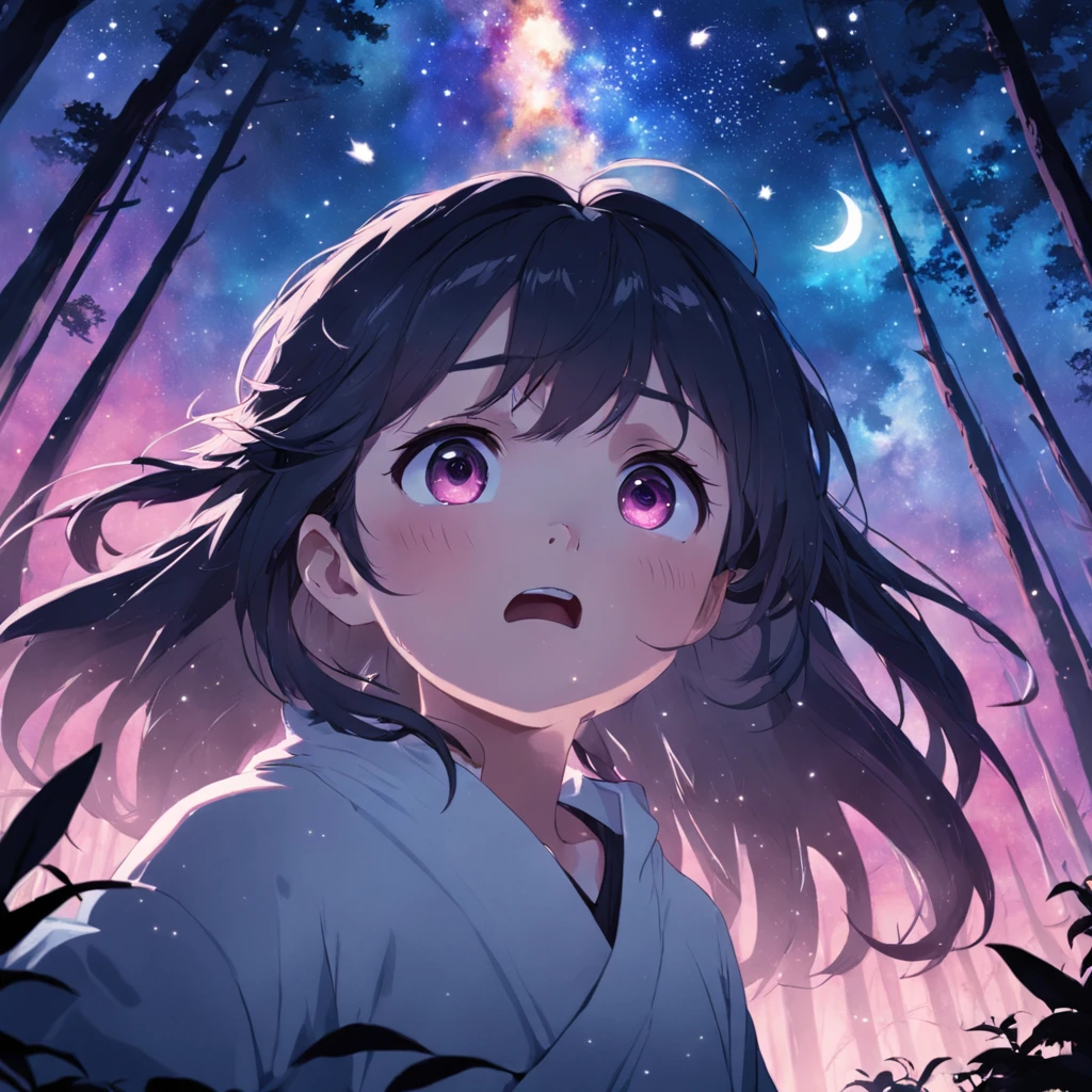 tmasterpiece,best qualityer,cinematic Film still from,1 panda,Close-up,natta,Panda looking up at the stars in the forest,Turn your back to the stars,Starry sky,spark of light