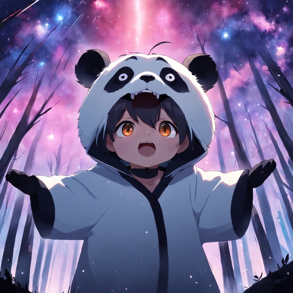 tmasterpiece,best qualityer,cinematic Film still from,1 panda,Close-up,natta,Panda looking up at the stars in the forest,Turn your back to the stars,Starry sky,spark of light