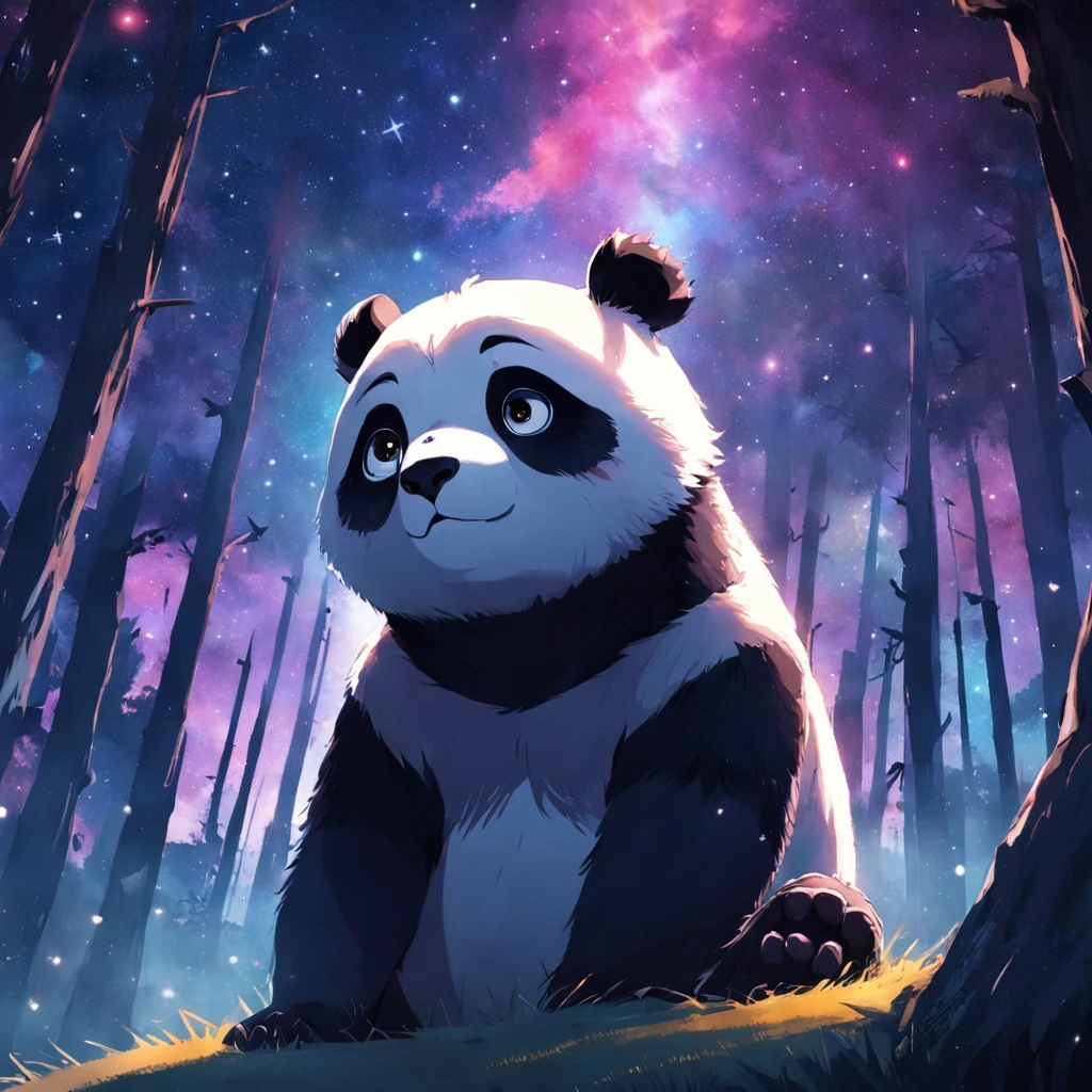 tmasterpiece，best qualityer，cinematic Film still from，1 panda，Close-up，natta，Panda looking up at the stars in the forest，Turn your back to the stars，Starry sky，spark of light