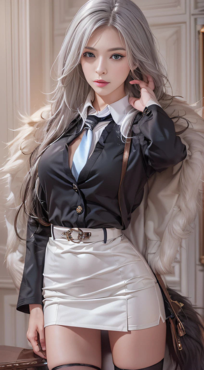 Photorealistic, high resolution, 1 Women, Solo, Waist up, Beautiful eyes, Close lips, Detailed face, White hair, Long hair, Collared shirt, black necktie,Black skirt, pencil skirts, Fur coat, Stockings